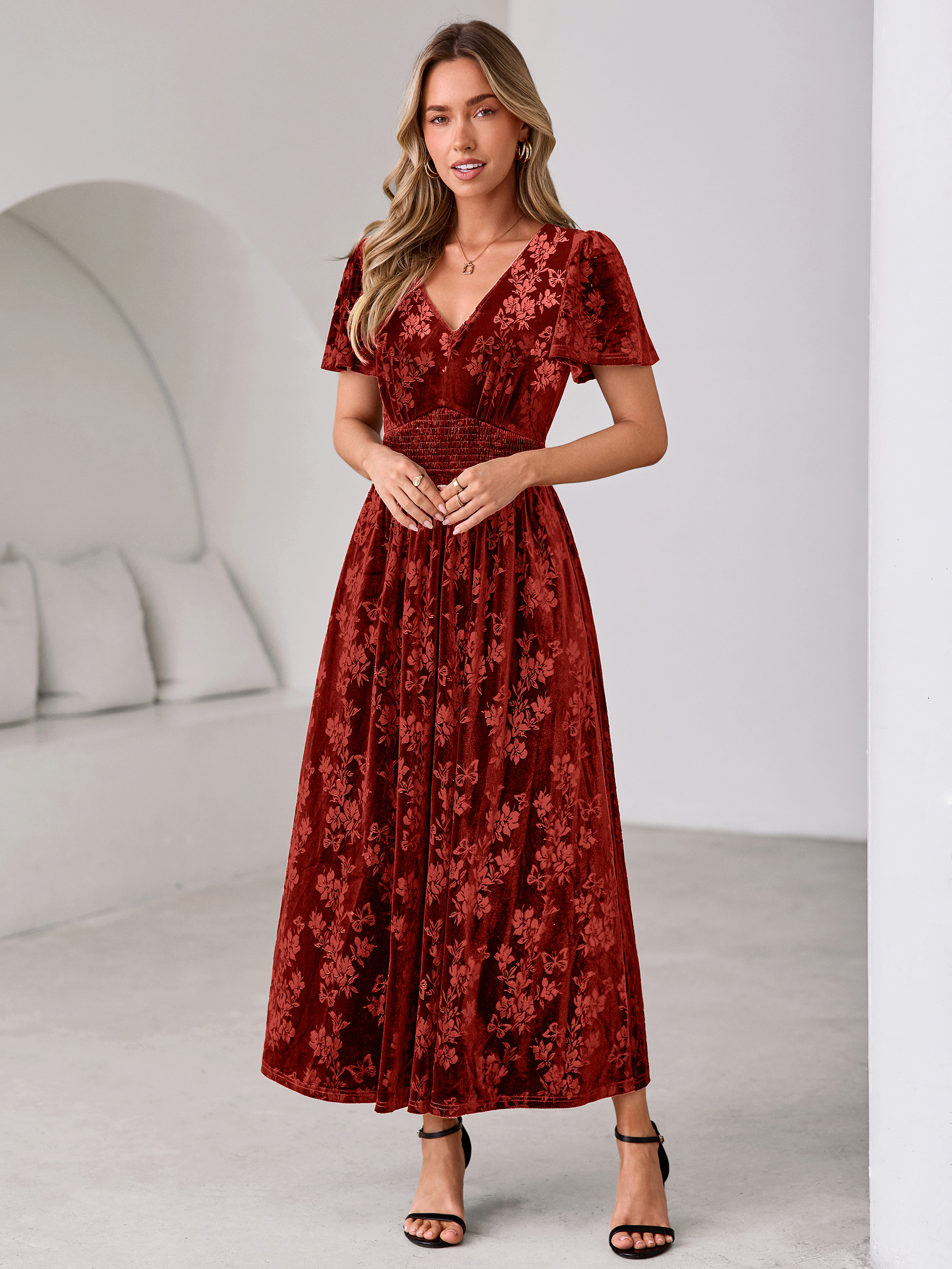 V-Neck Embossed Floral Velvet Maxi Dress