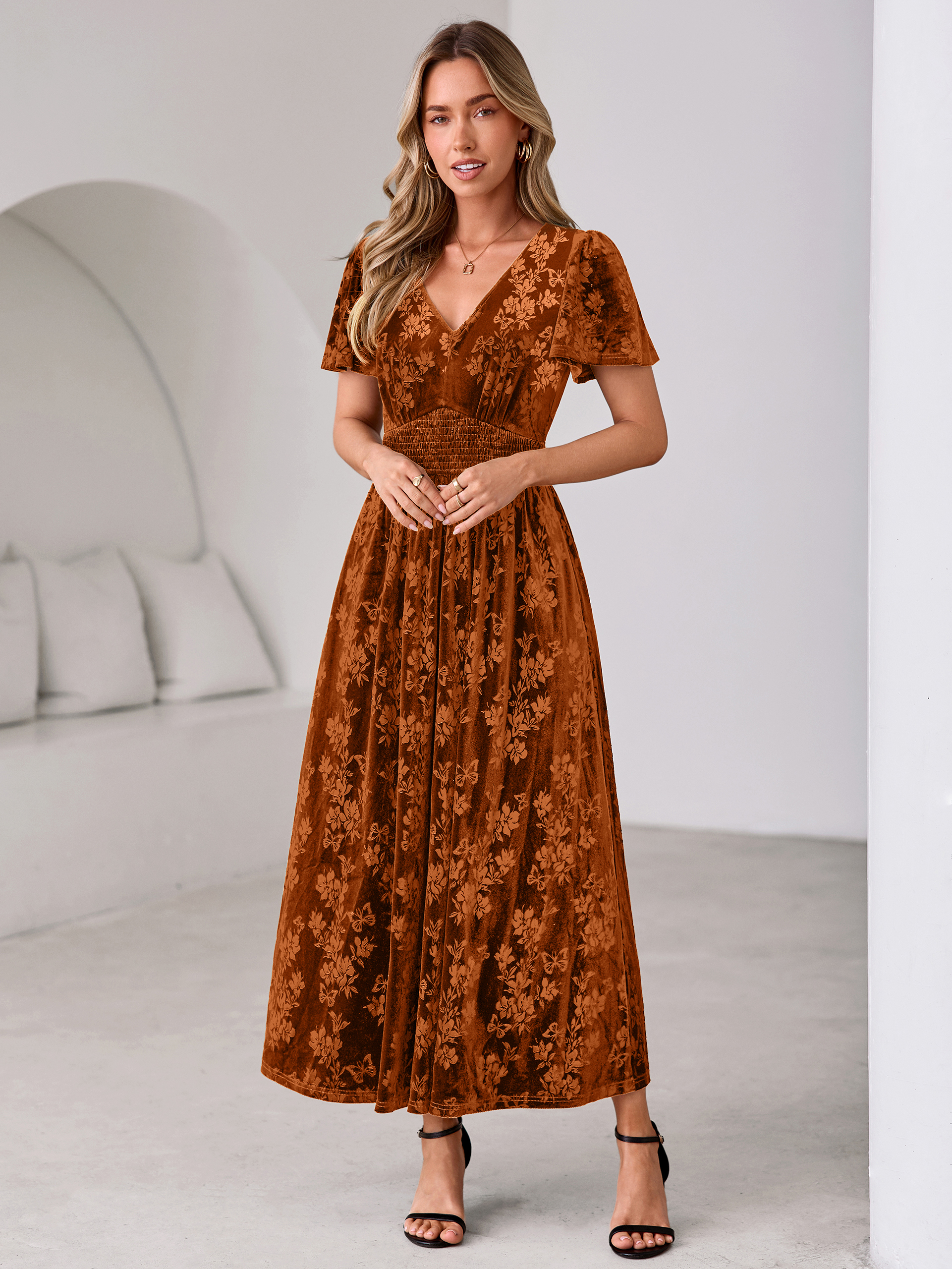 V-Neck Embossed Floral Velvet Maxi Dress