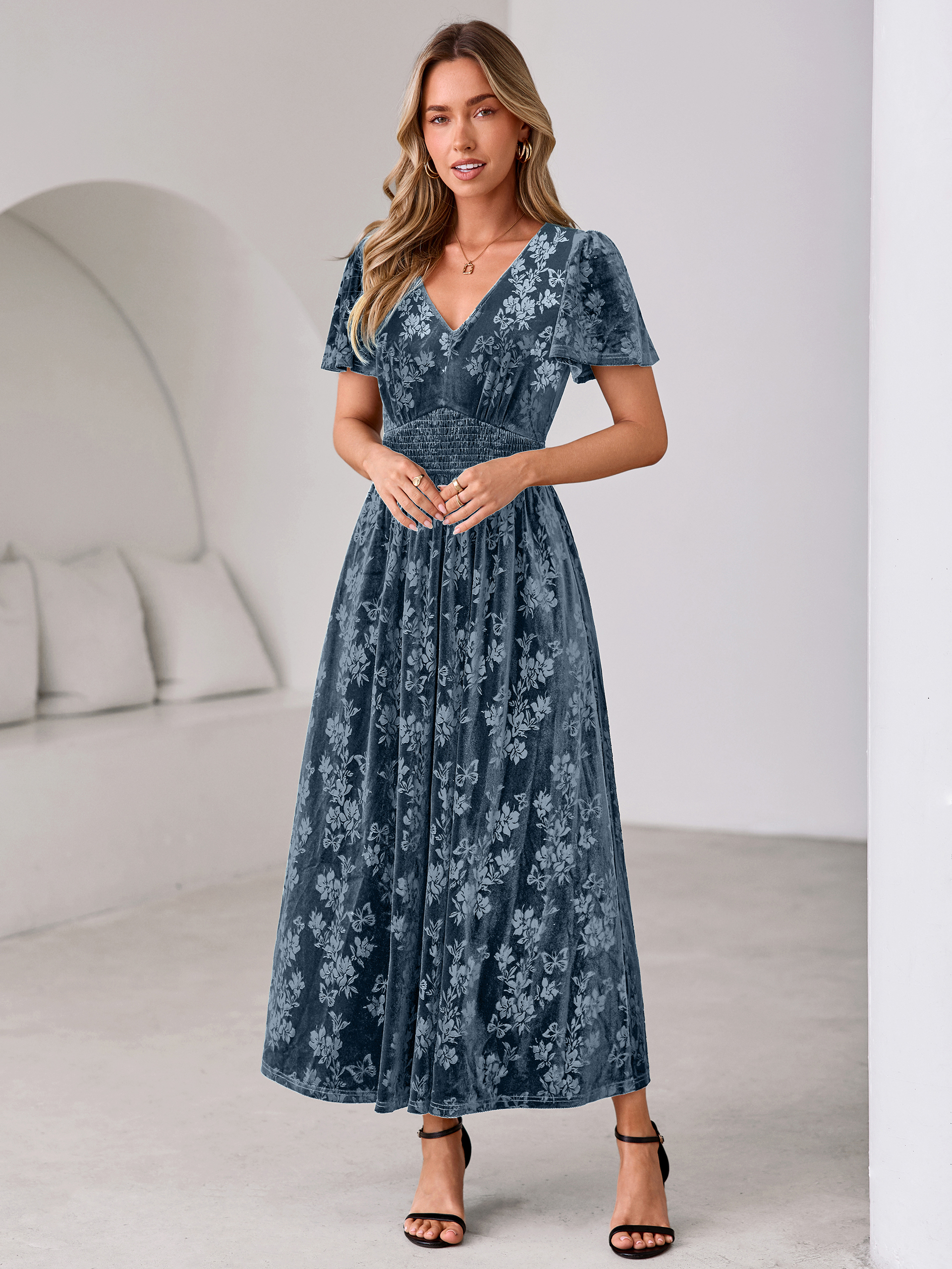 V-Neck Embossed Floral Velvet Maxi Dress