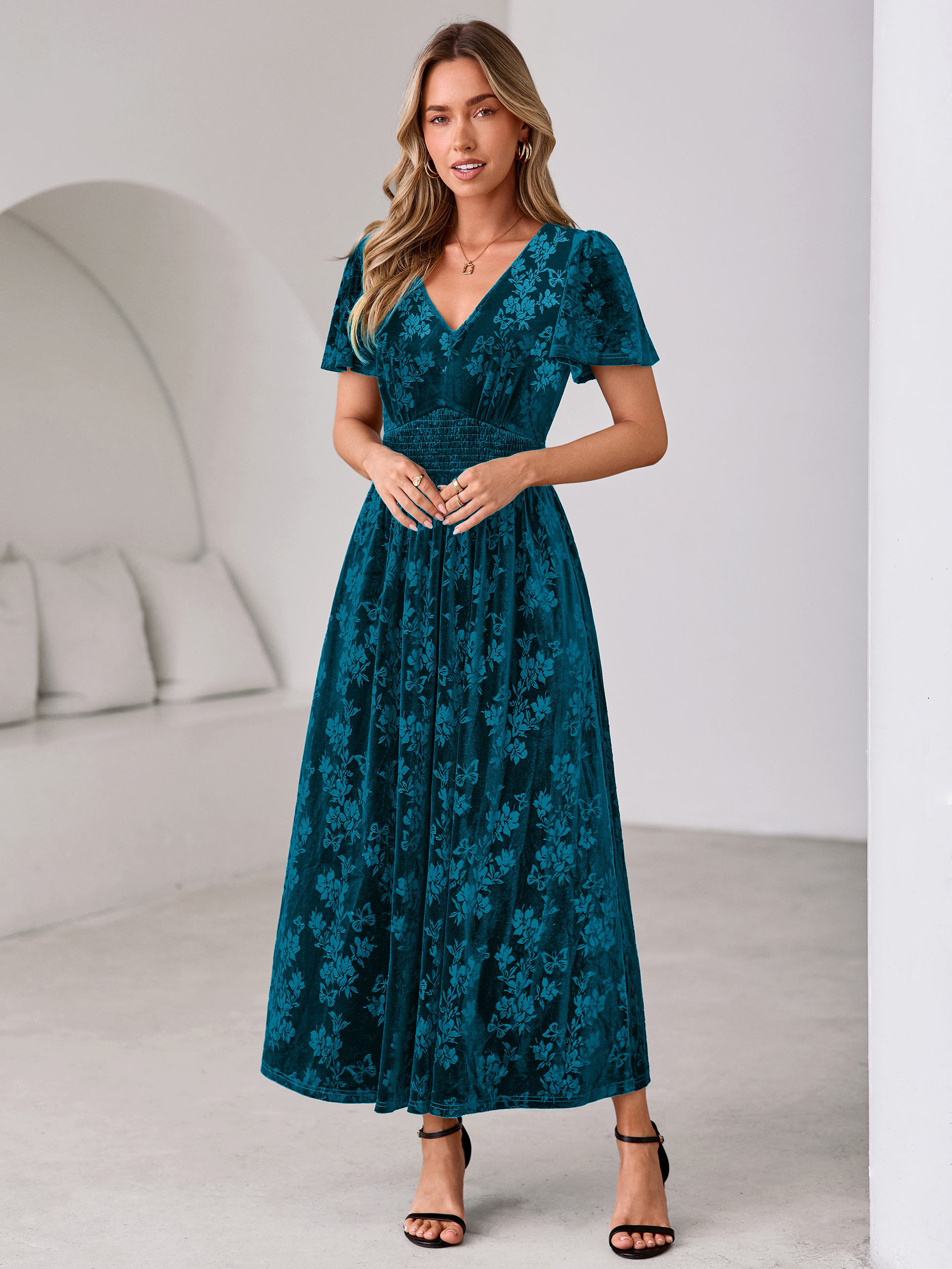 V-Neck Embossed Floral Velvet Maxi Dress