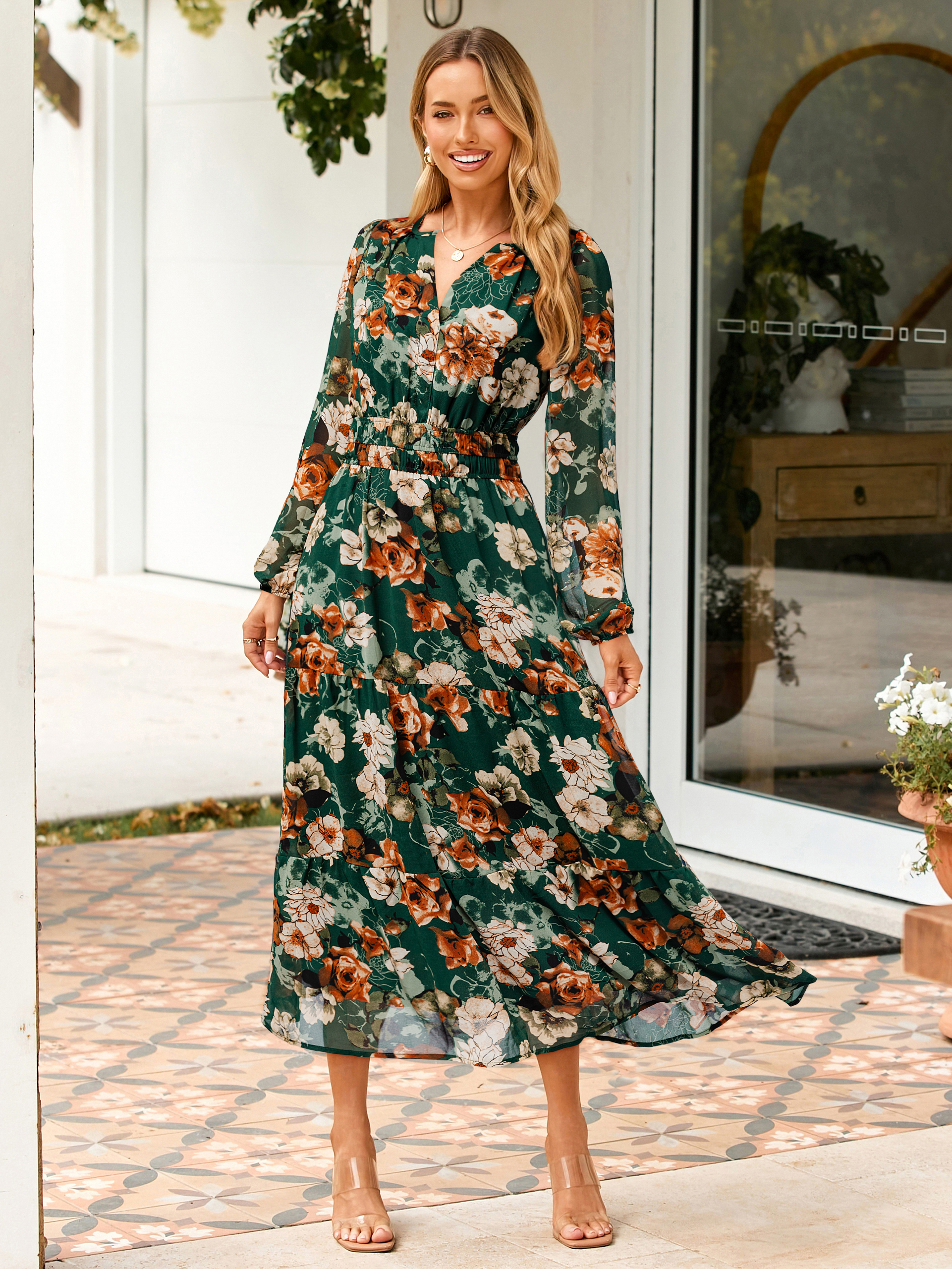 Boho Floral Long Sleeve Wedding Guest Maxi Dress - Emerald Green Floral