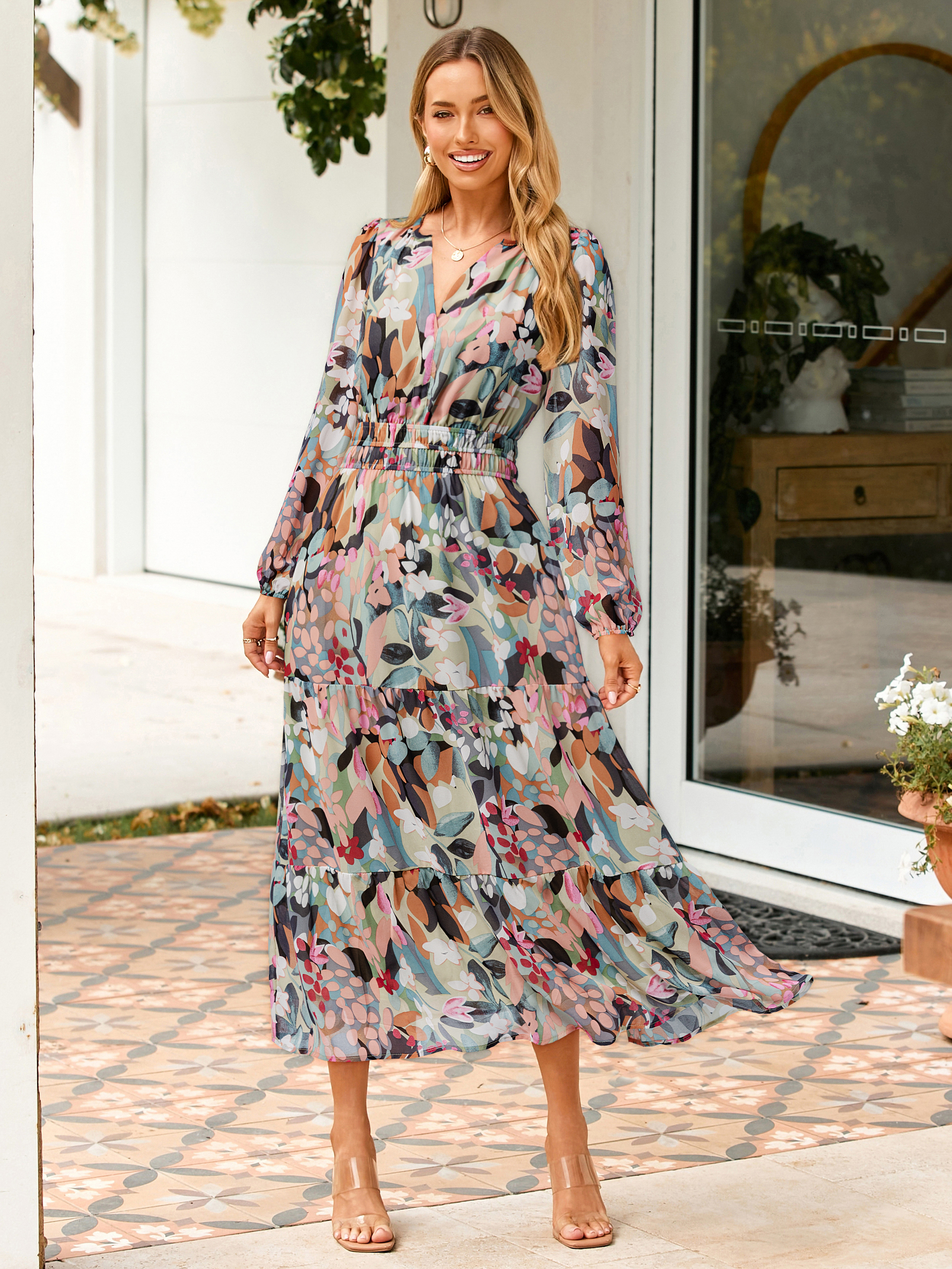 Boho Floral Long Sleeve Wedding Guest Maxi Dress - Light Green Floral