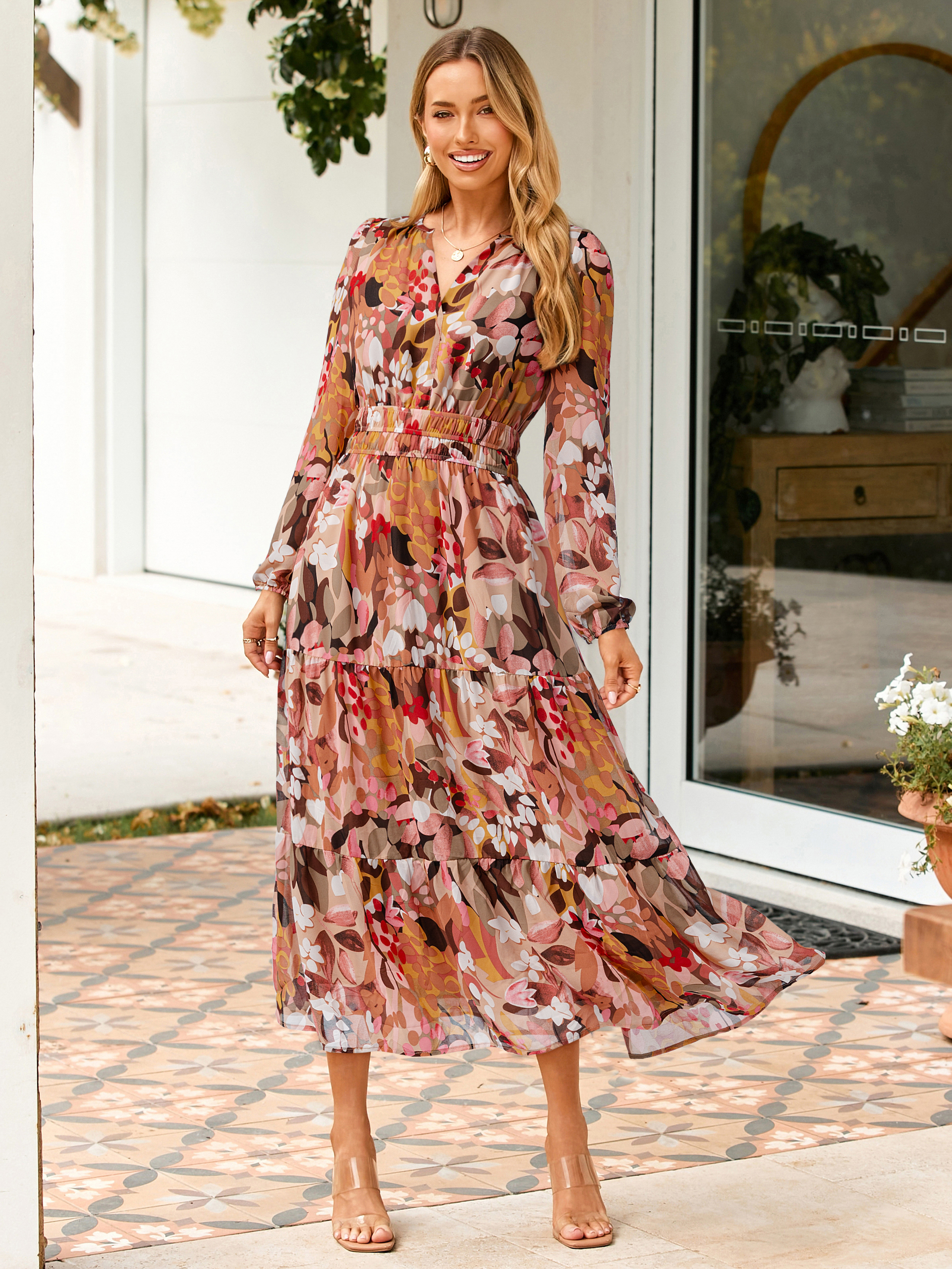 Boho Floral Long Sleeve Wedding Guest Maxi Dress - Light Pink Floral