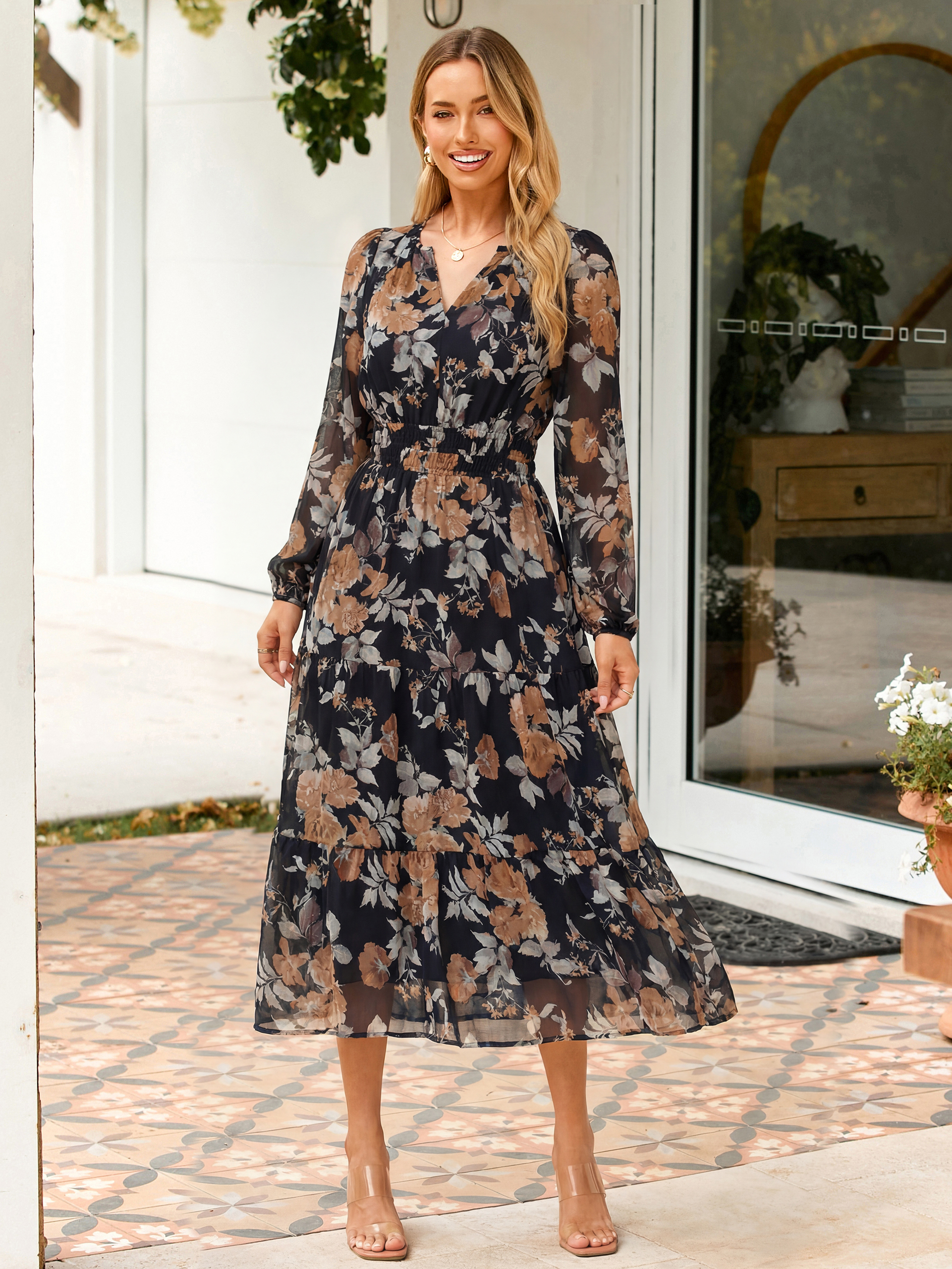 Boho Floral Long Sleeve Wedding Guest Maxi Dress - Black Yellow Floral