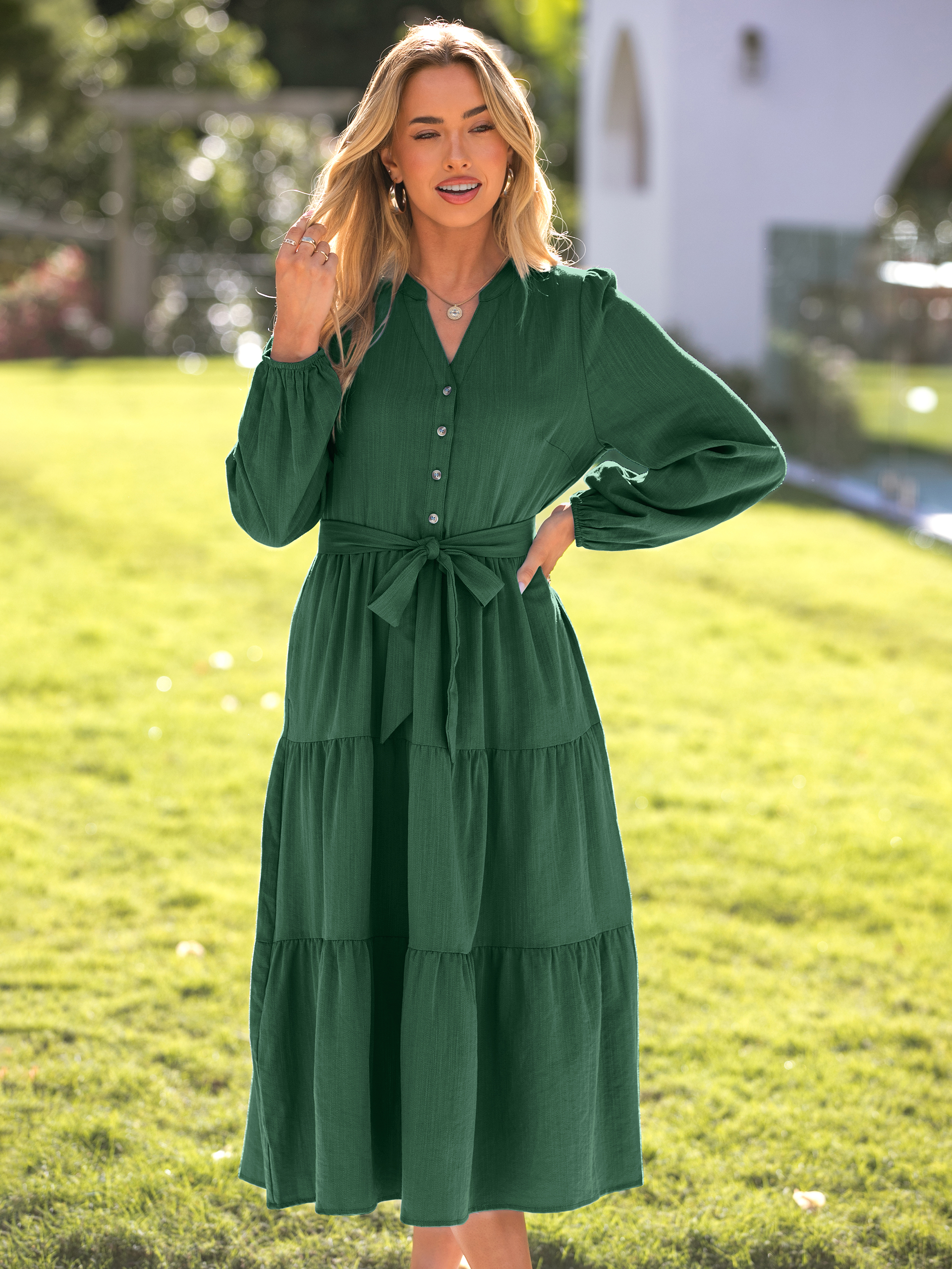 Button Down Tie Waist Long Sleeve Maxi Dress
