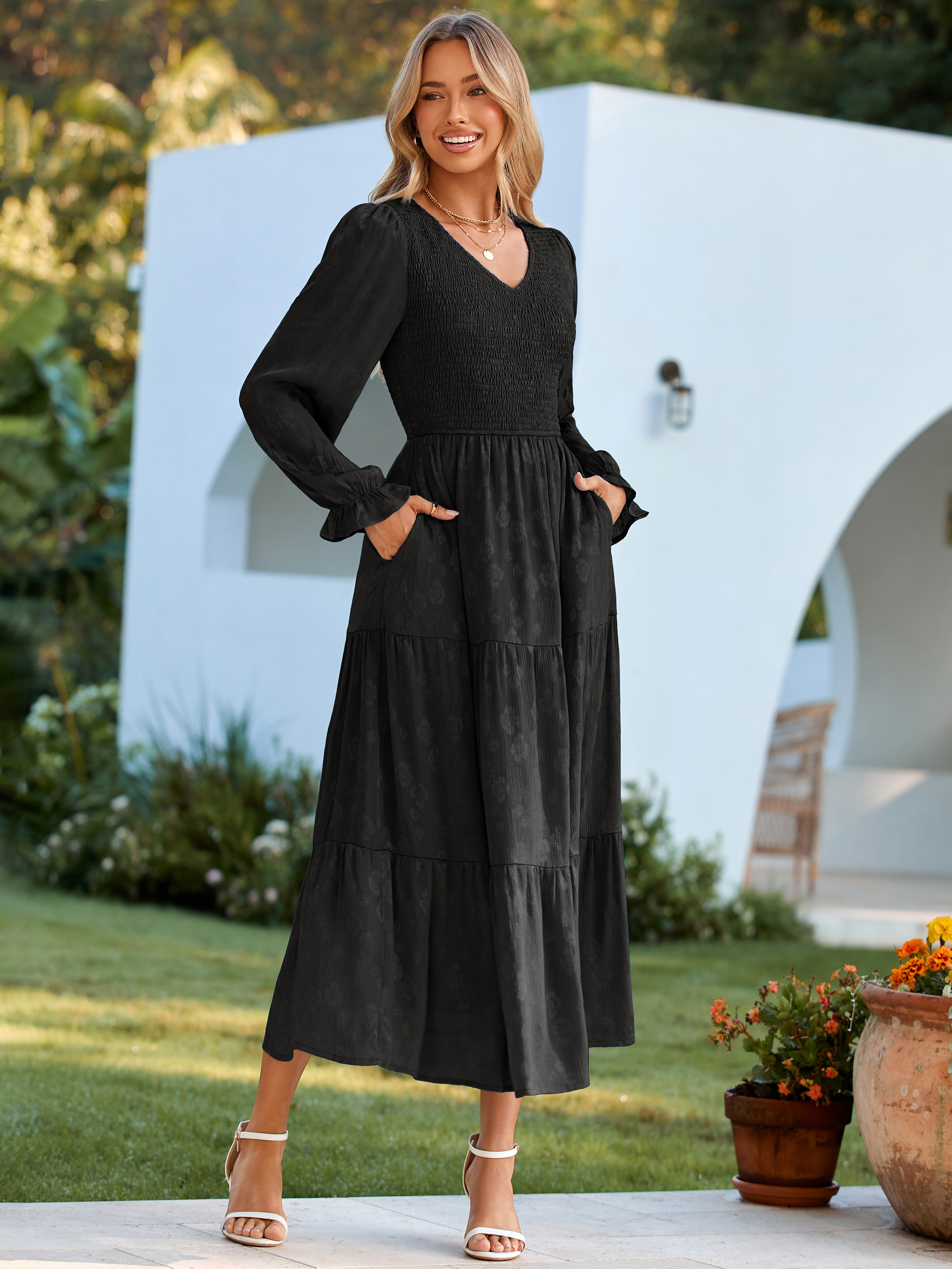 Smocked Tiered V Neck Wedding Guest Maxi Dress - Black
