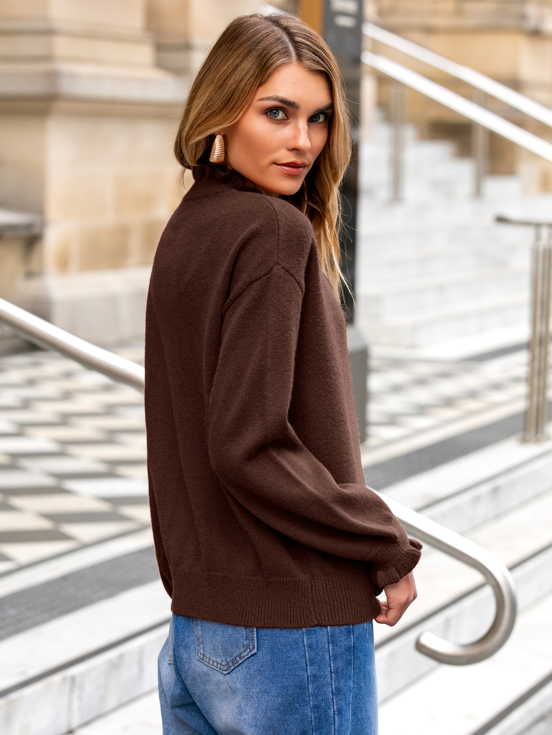 Ruffled Collar Mock Neck Button Cardigan - Coffee