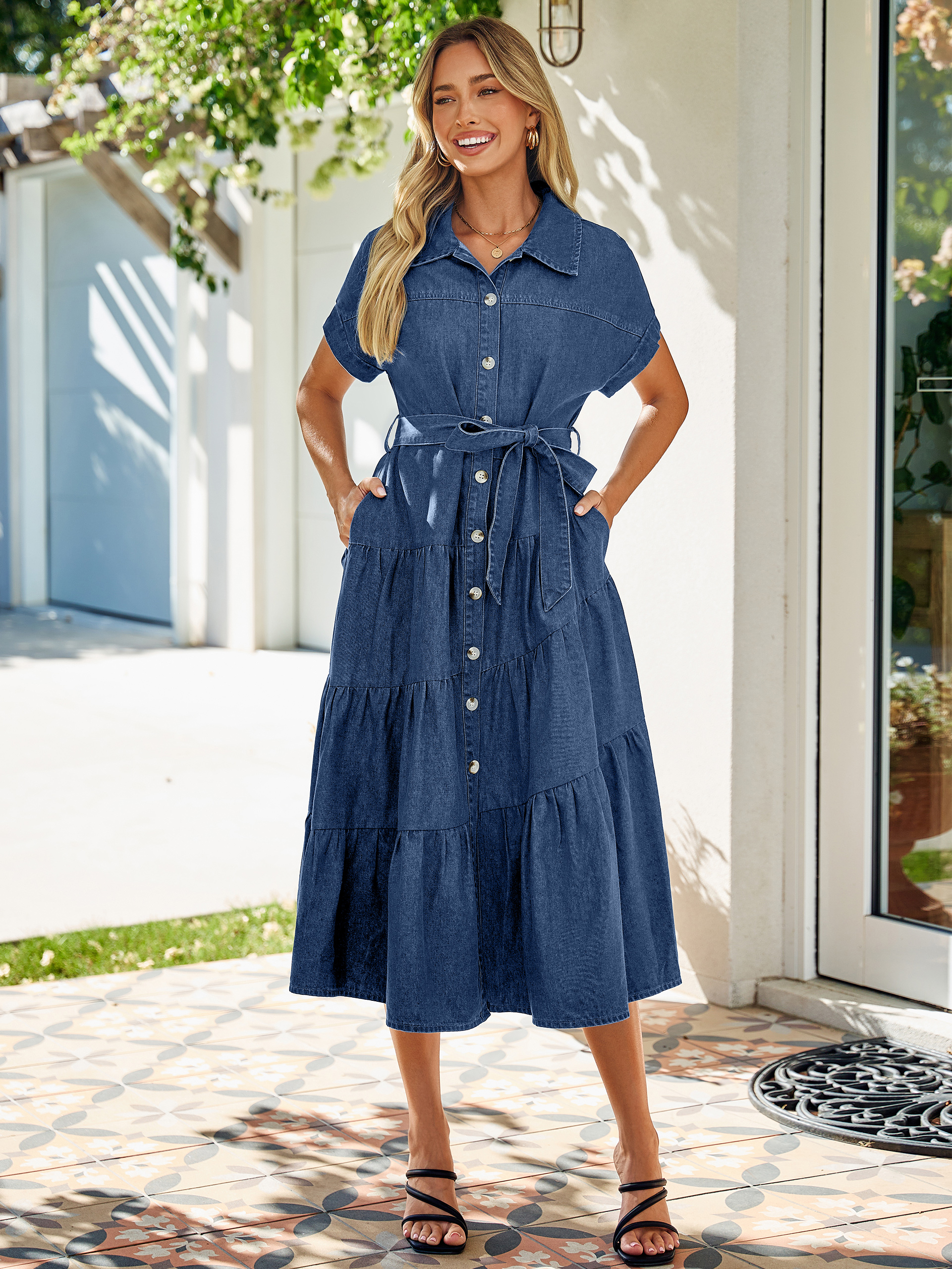 Short Sleeve Denim Belted Tiered Maxi Dress