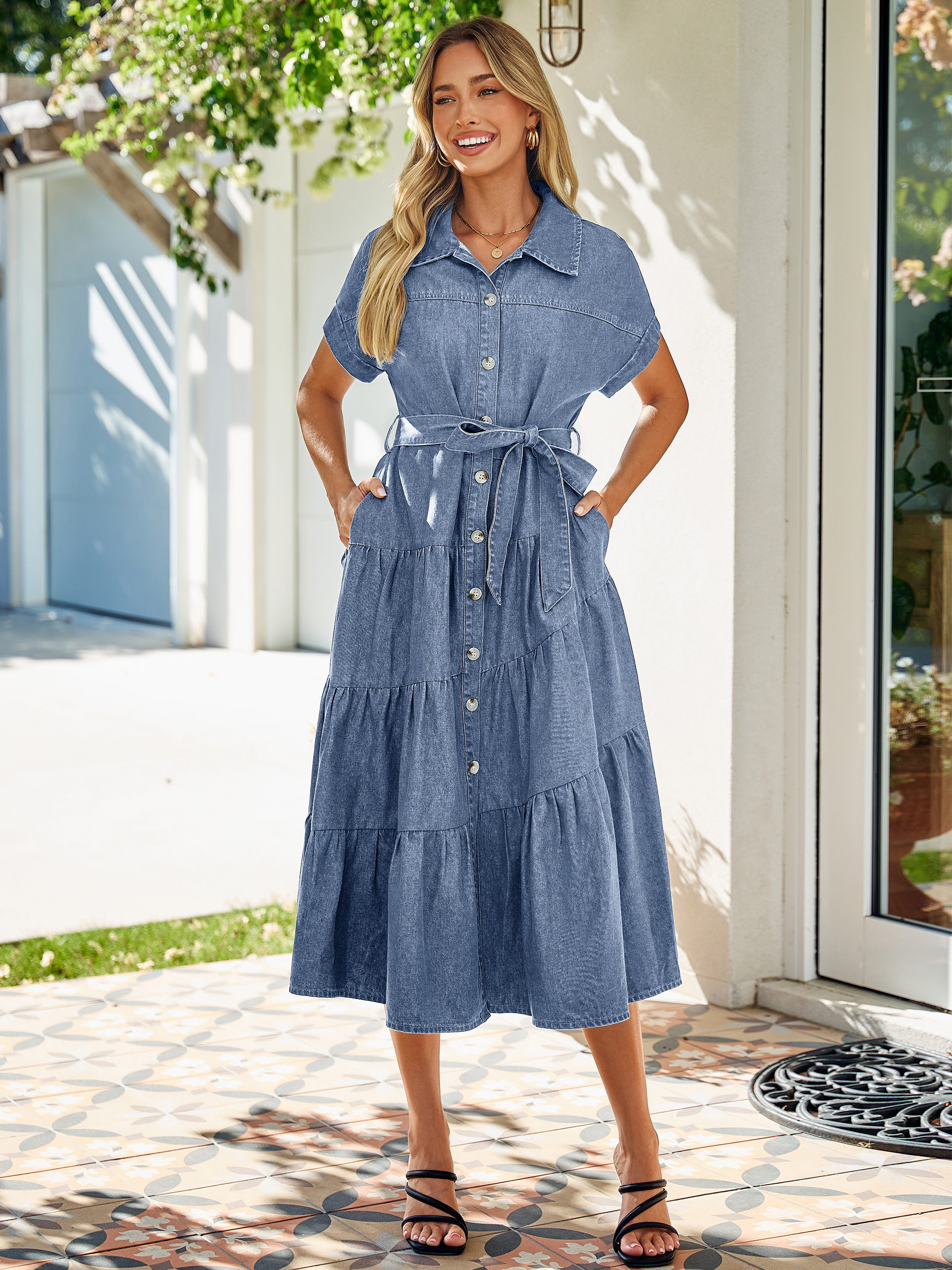 Short Sleeve Denim Belted Tiered Maxi Dress