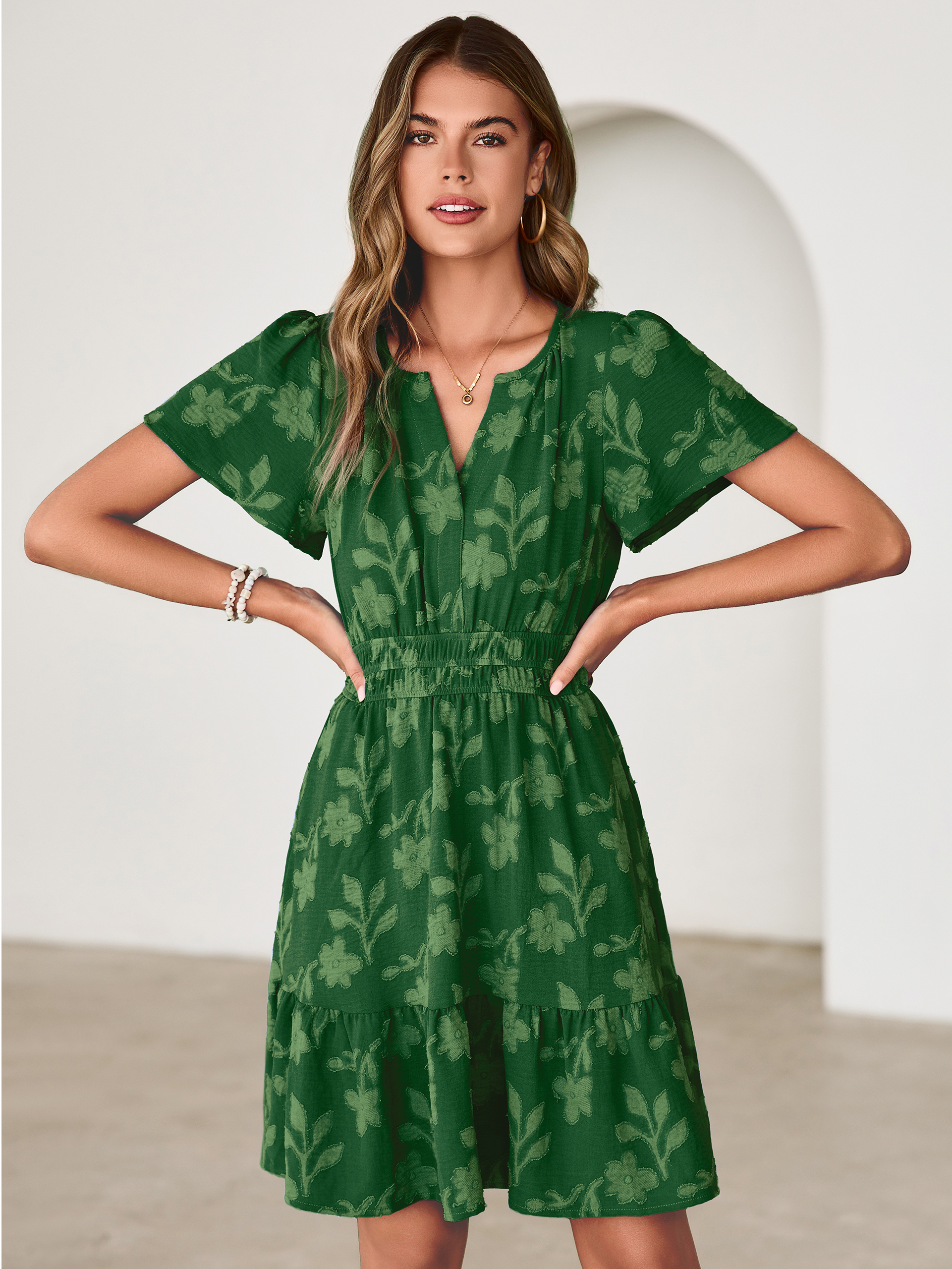 Floral Jacquard V Neck Short Sleeve Mini Dress - Green