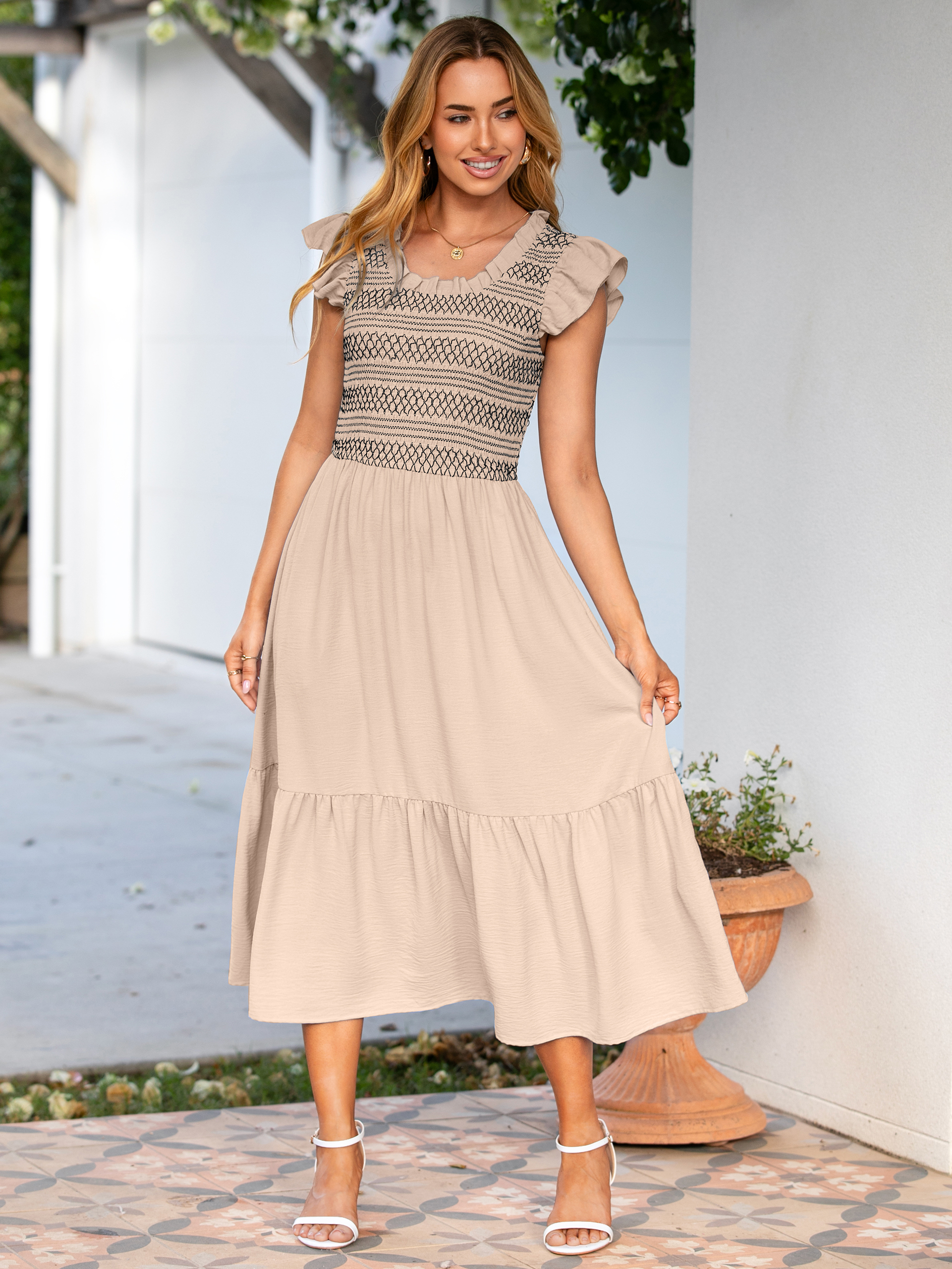 Flutter Sleeve Embroidered A Line Tiered Maxi Dress