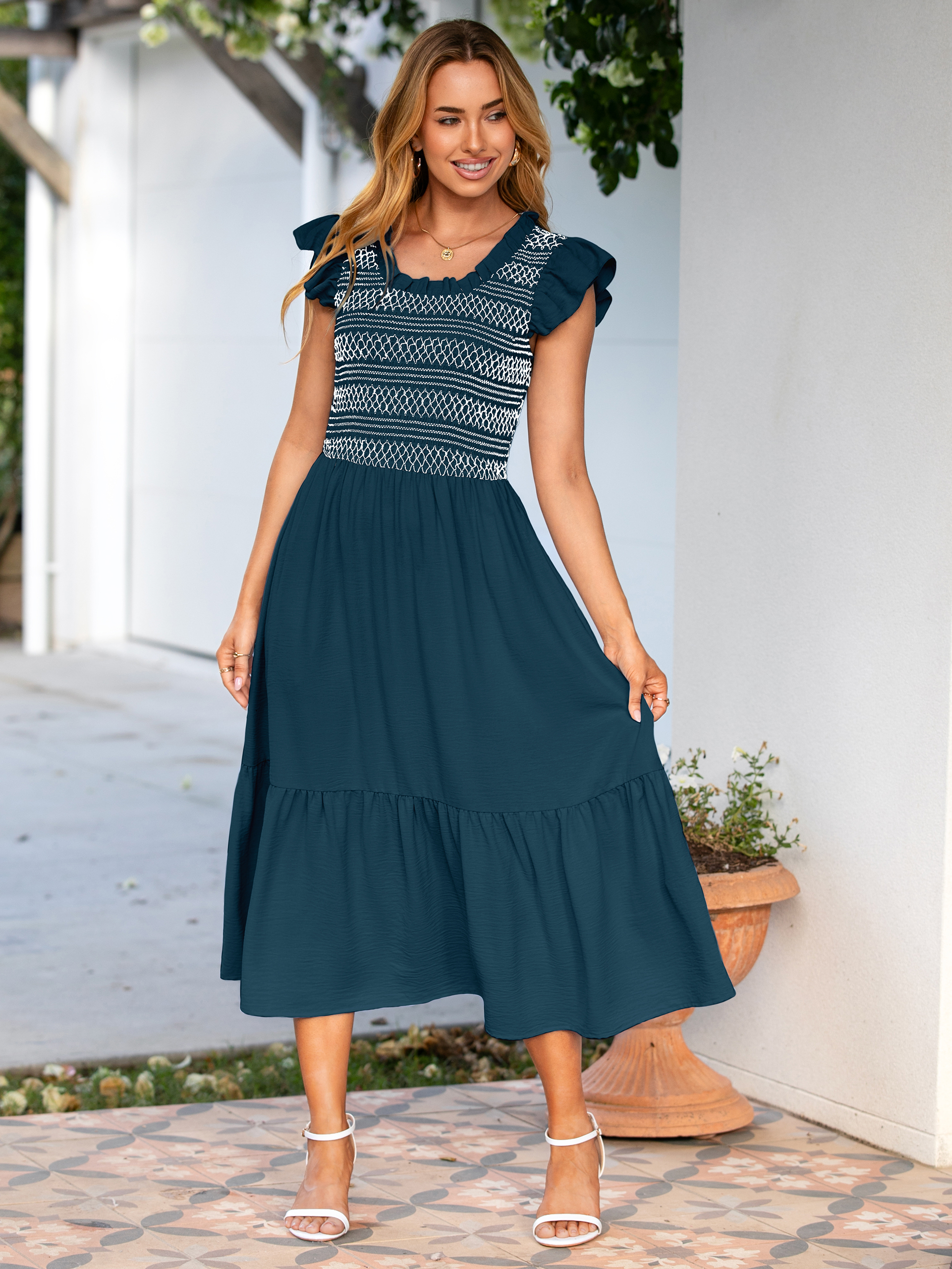 Flutter Sleeve Embroidered A Line Tiered Maxi Dress