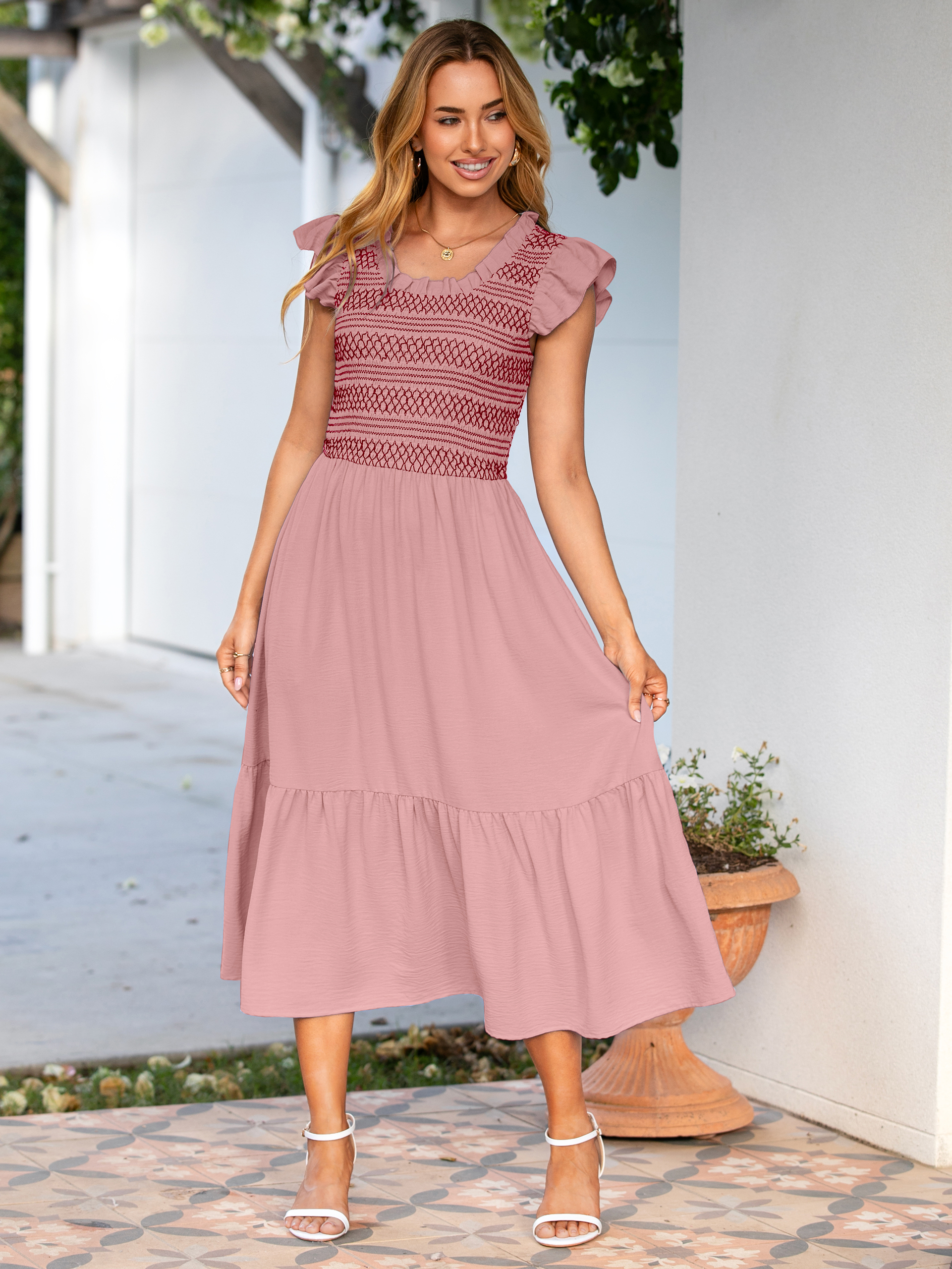 Flutter Sleeve Embroidered A Line Tiered Maxi Dress