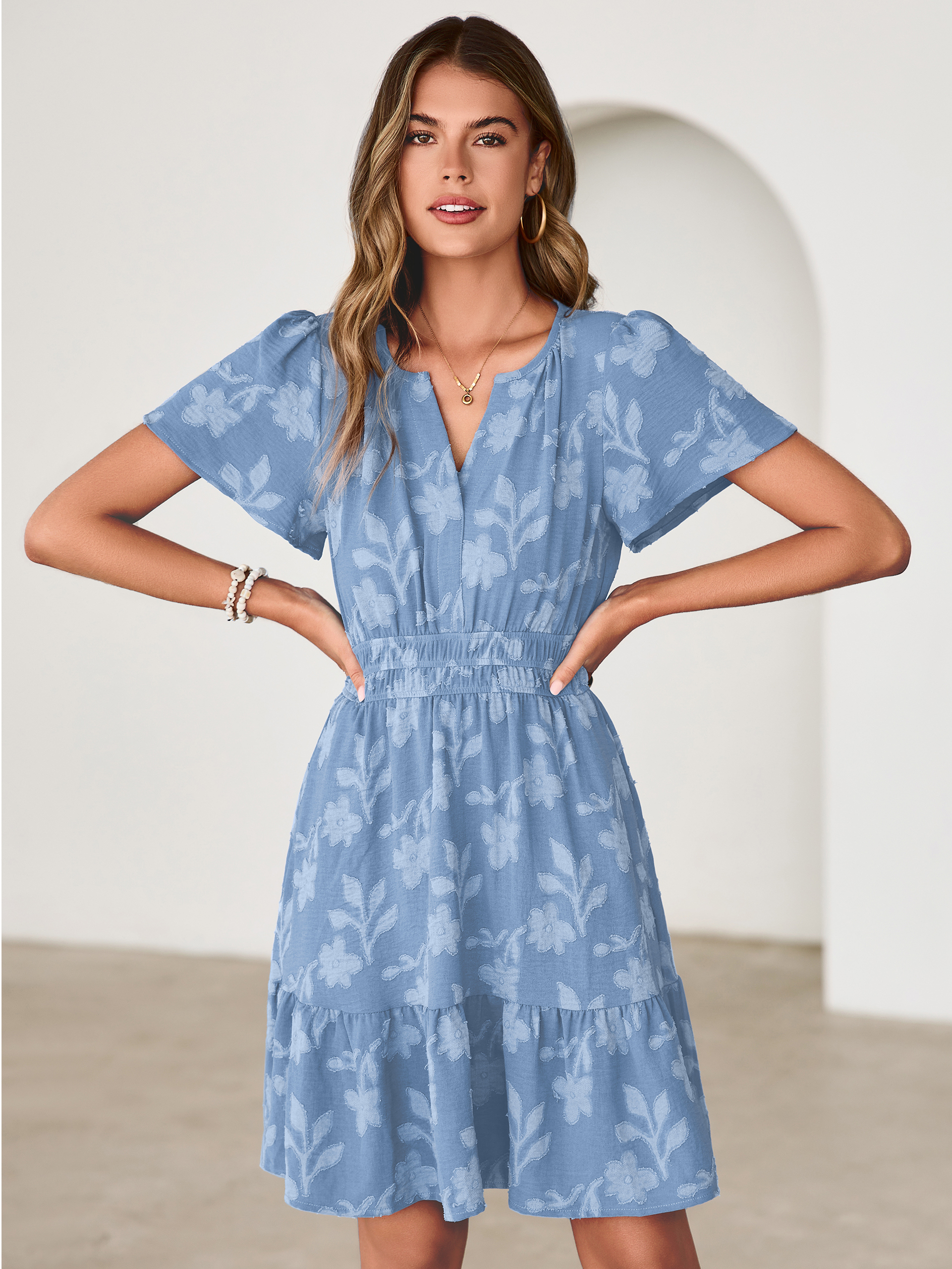 Floral Jacquard V Neck Short Sleeve Mini Dress - Dusty Blue