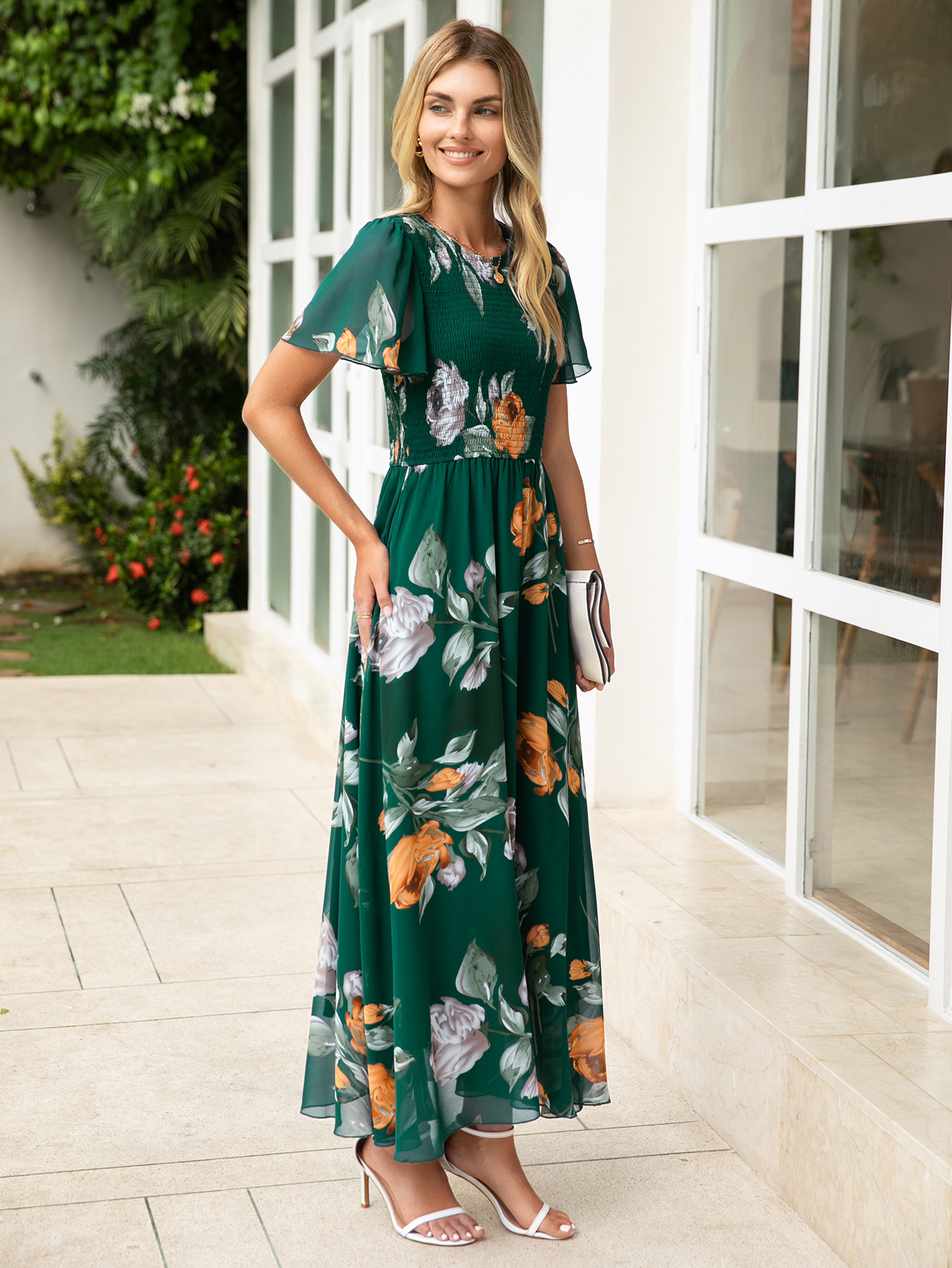 Chiffon Flutter Sleeve Smocked Floral Maxi Dress