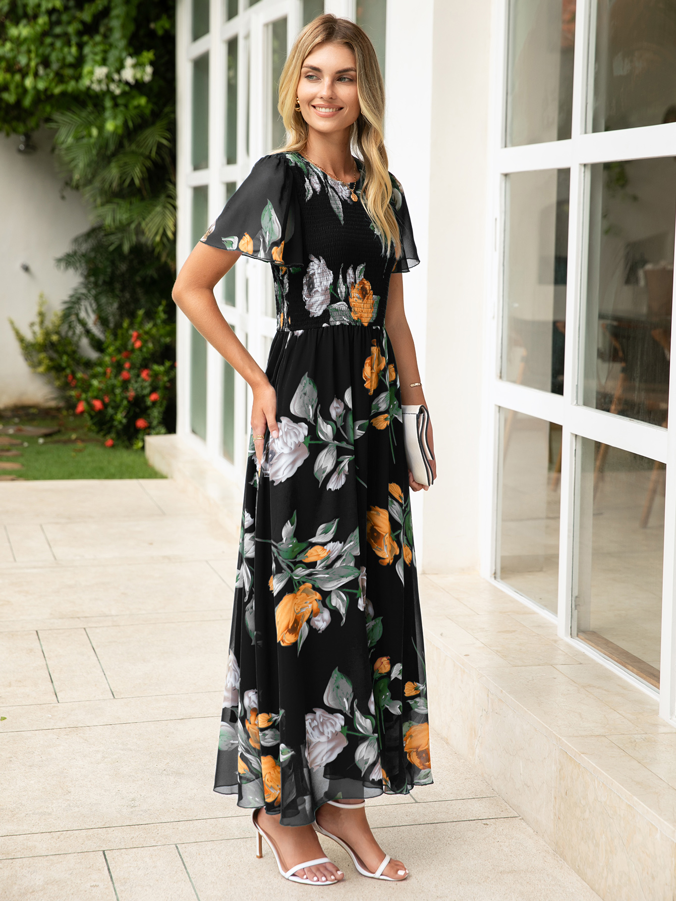 Chiffon Flutter Sleeve Smocked Floral Maxi Dress