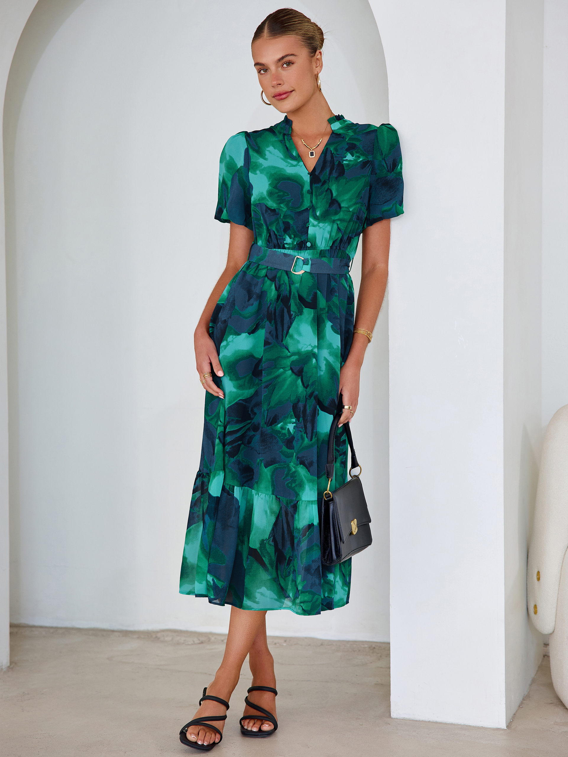 Floral V Neck Belted Tiered Maxi Dress