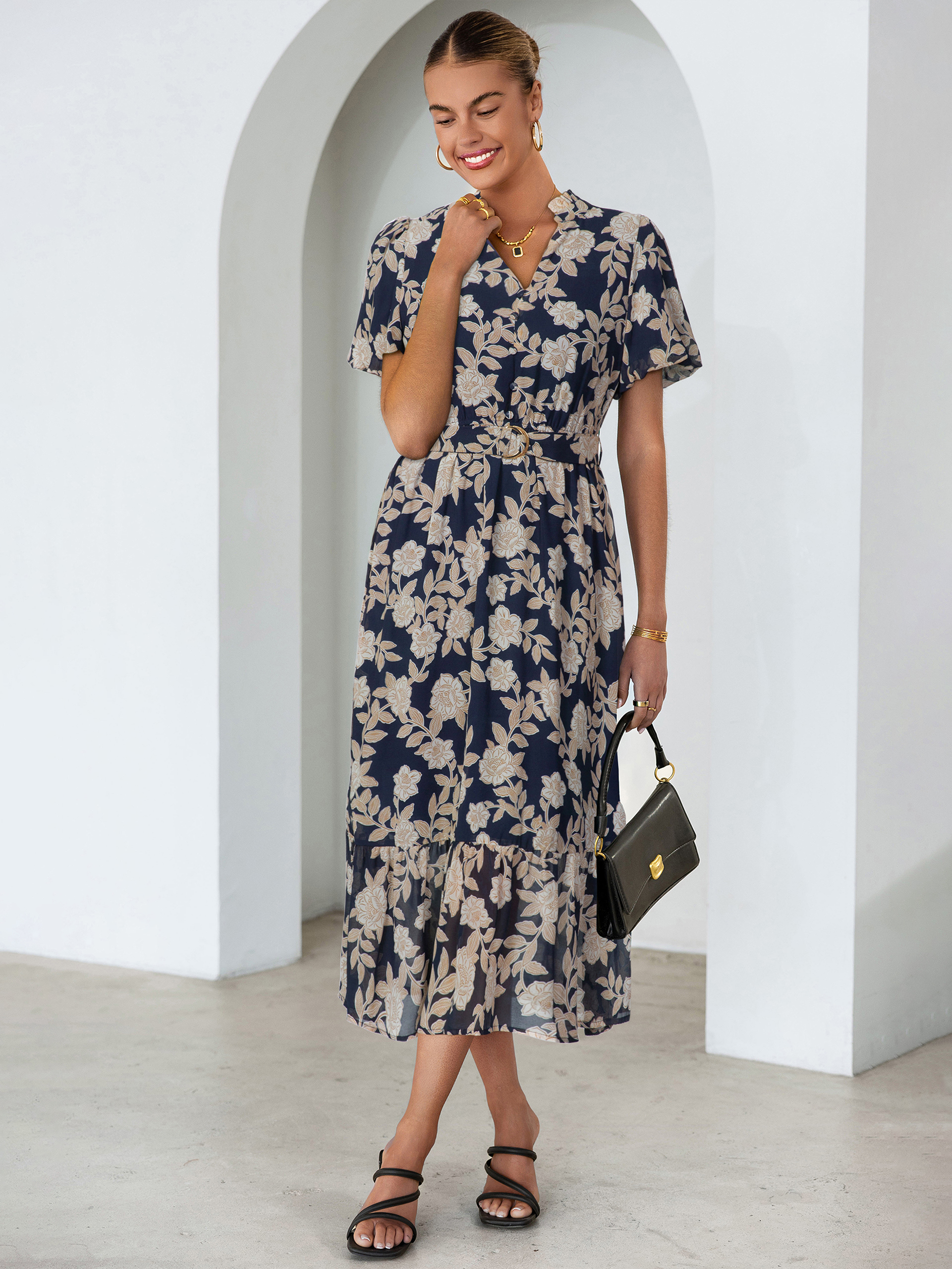 Floral V Neck Belted Tiered Maxi Dress