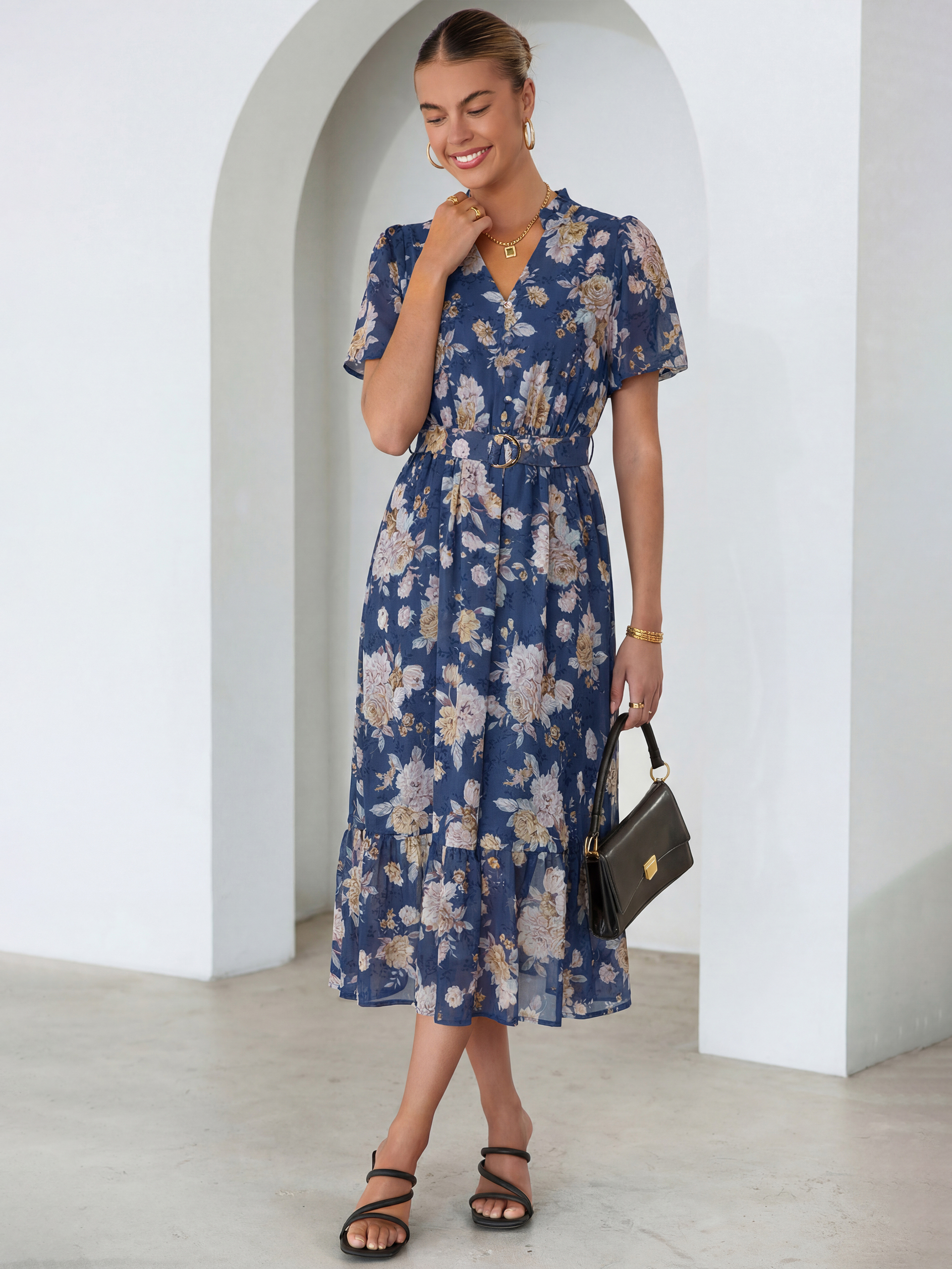 Floral V Neck Belted Tiered Maxi Dress