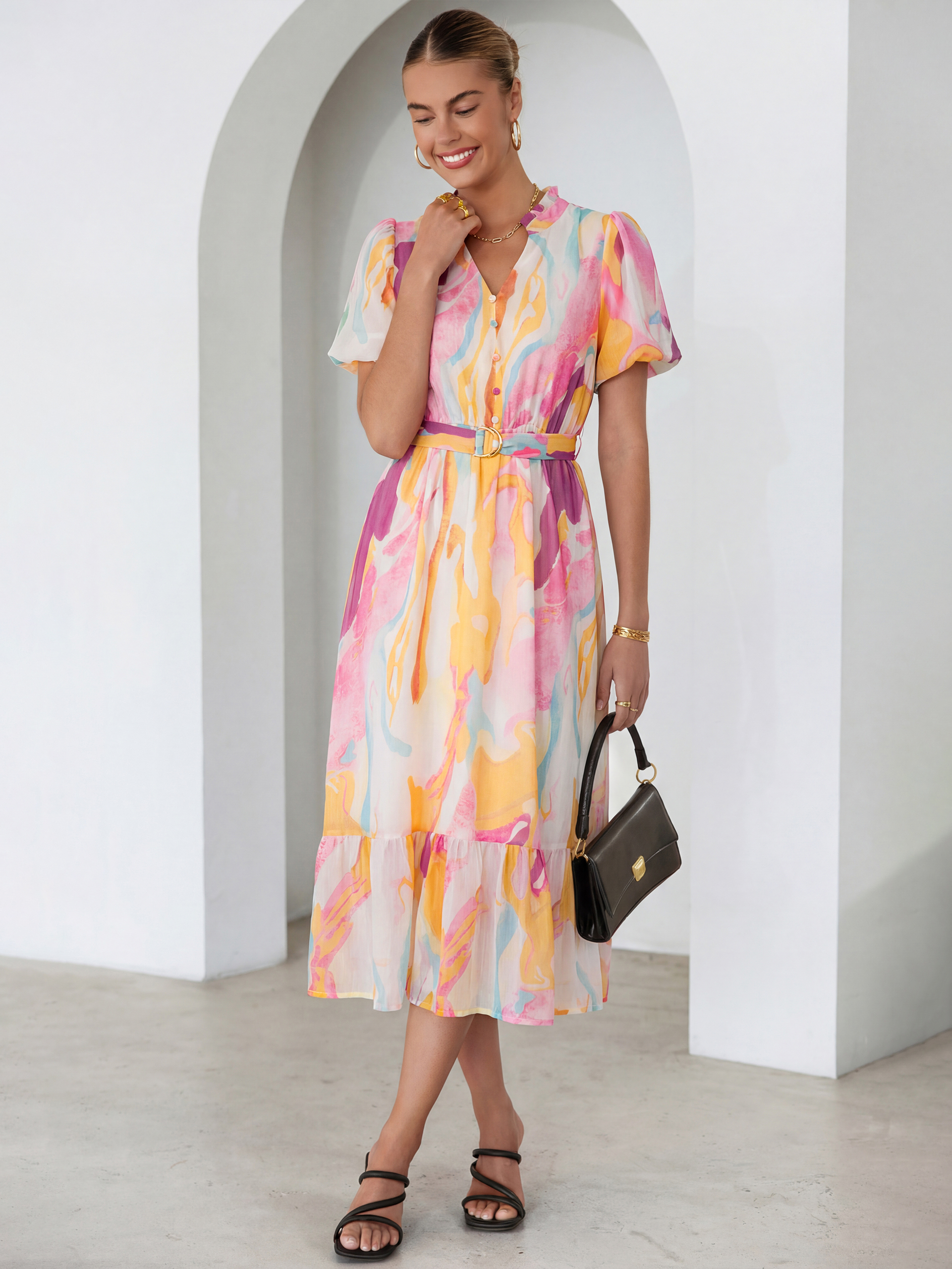 Floral V Neck Belted Tiered Maxi Dress