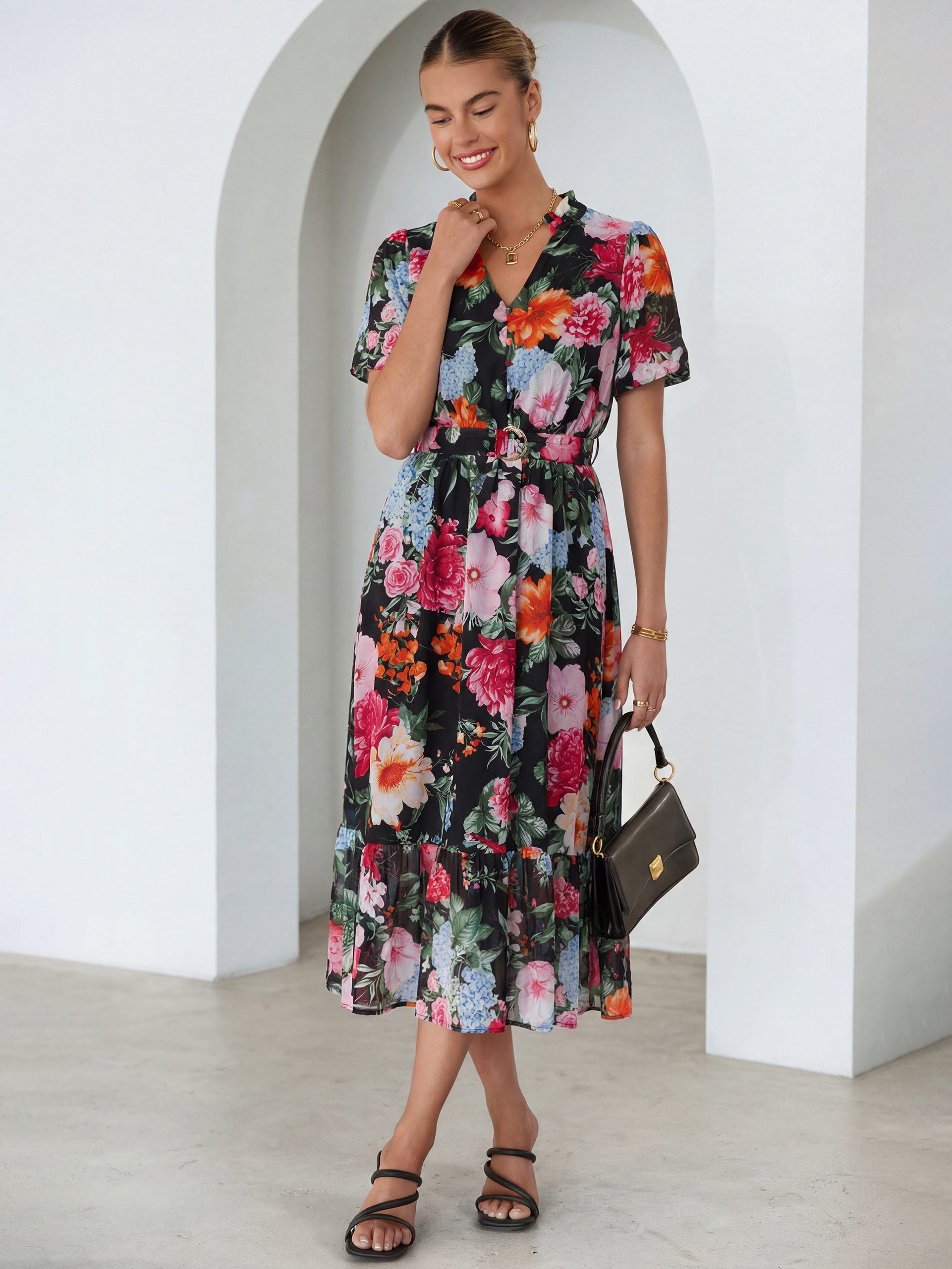 Floral V Neck Belted Tiered Maxi Dress