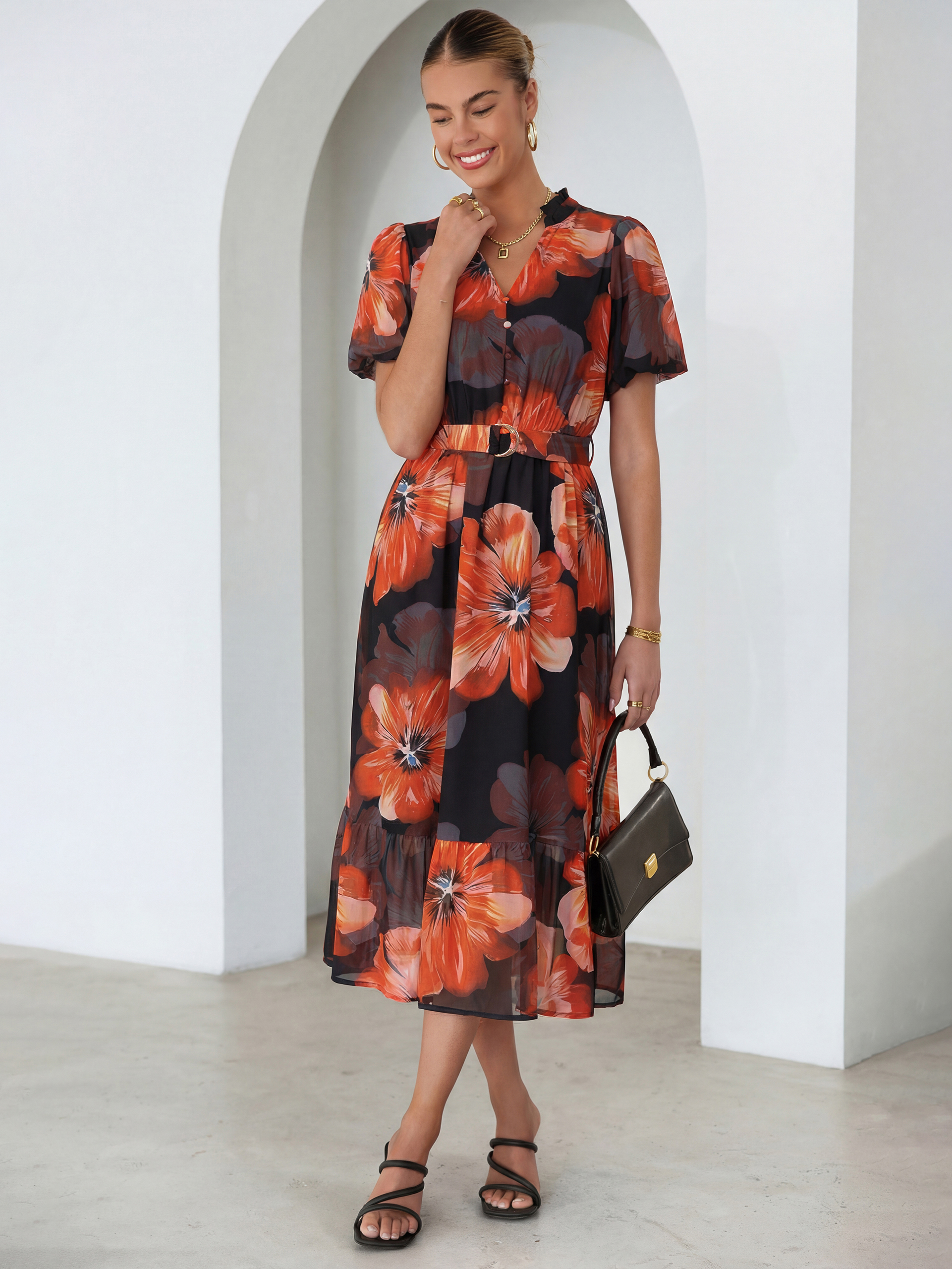 Floral V Neck Belted Tiered Maxi Dress