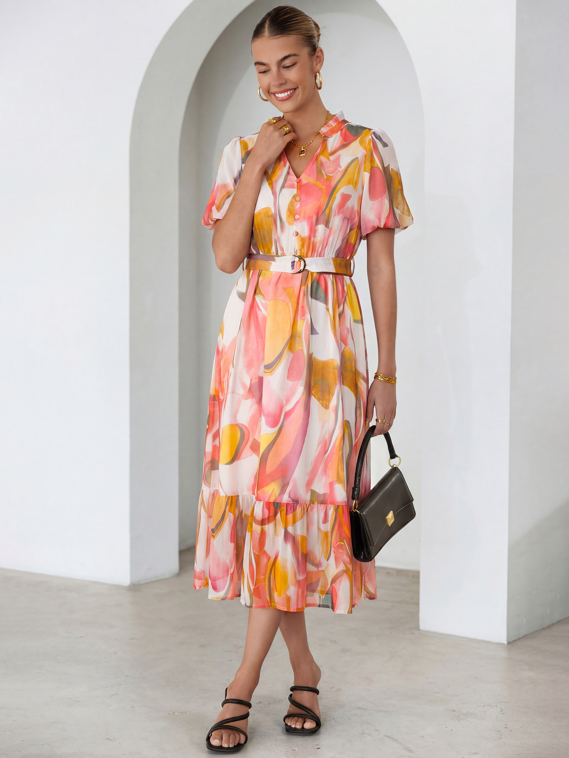 Floral V Neck Belted Tiered Maxi Dress