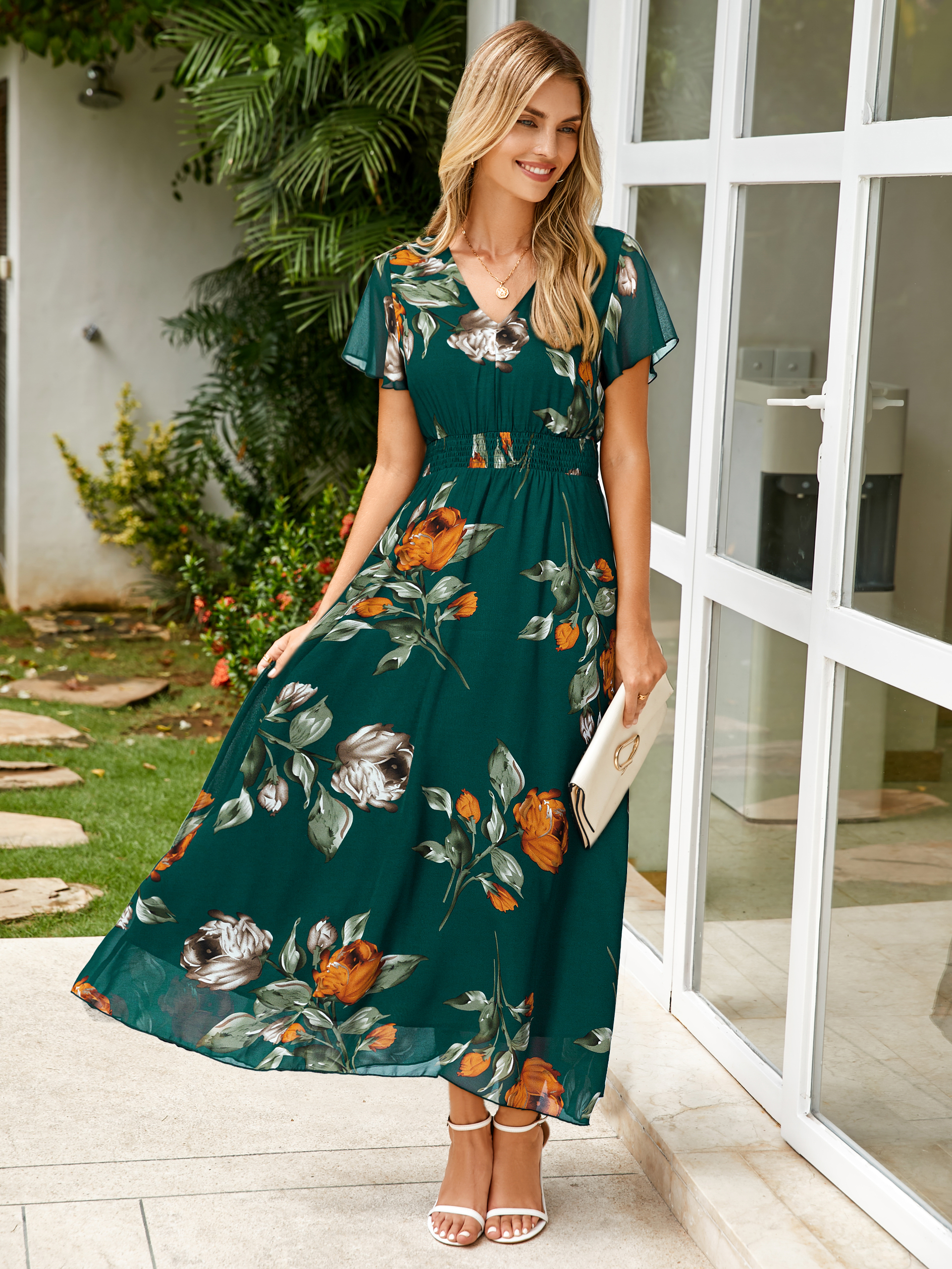 Boho Chiffon Floral Wedding Guest Maxi Dress - Emerald Green Floral