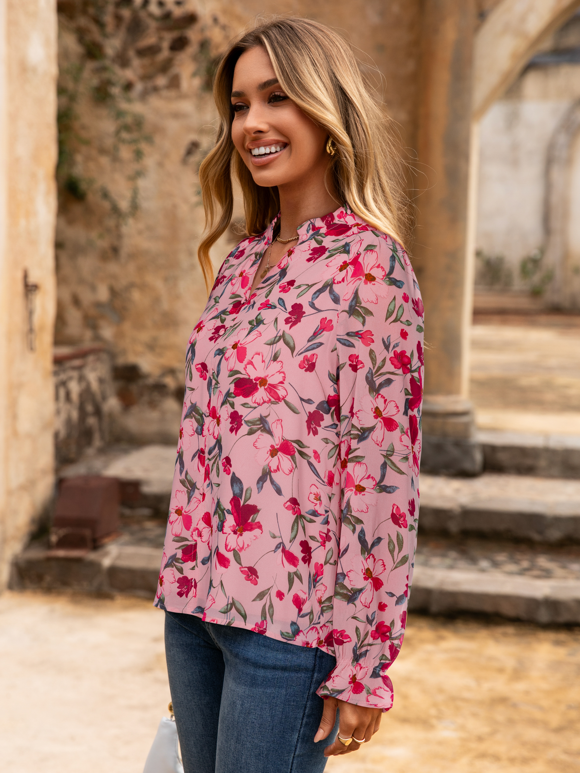 Floral V Neck Puff Sleeve Chiffon Blouse