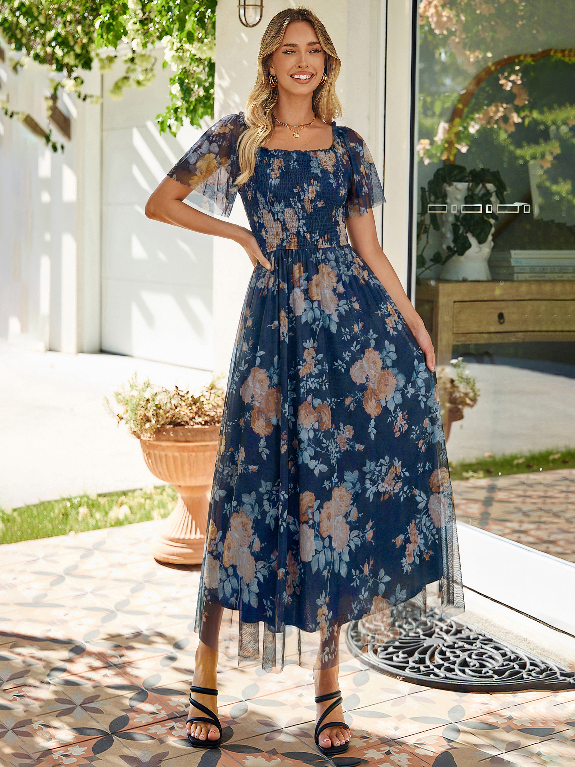 Floral Square Neck Smocked Flutter Sleeve Maxi Dress - Floral Blue Yellow