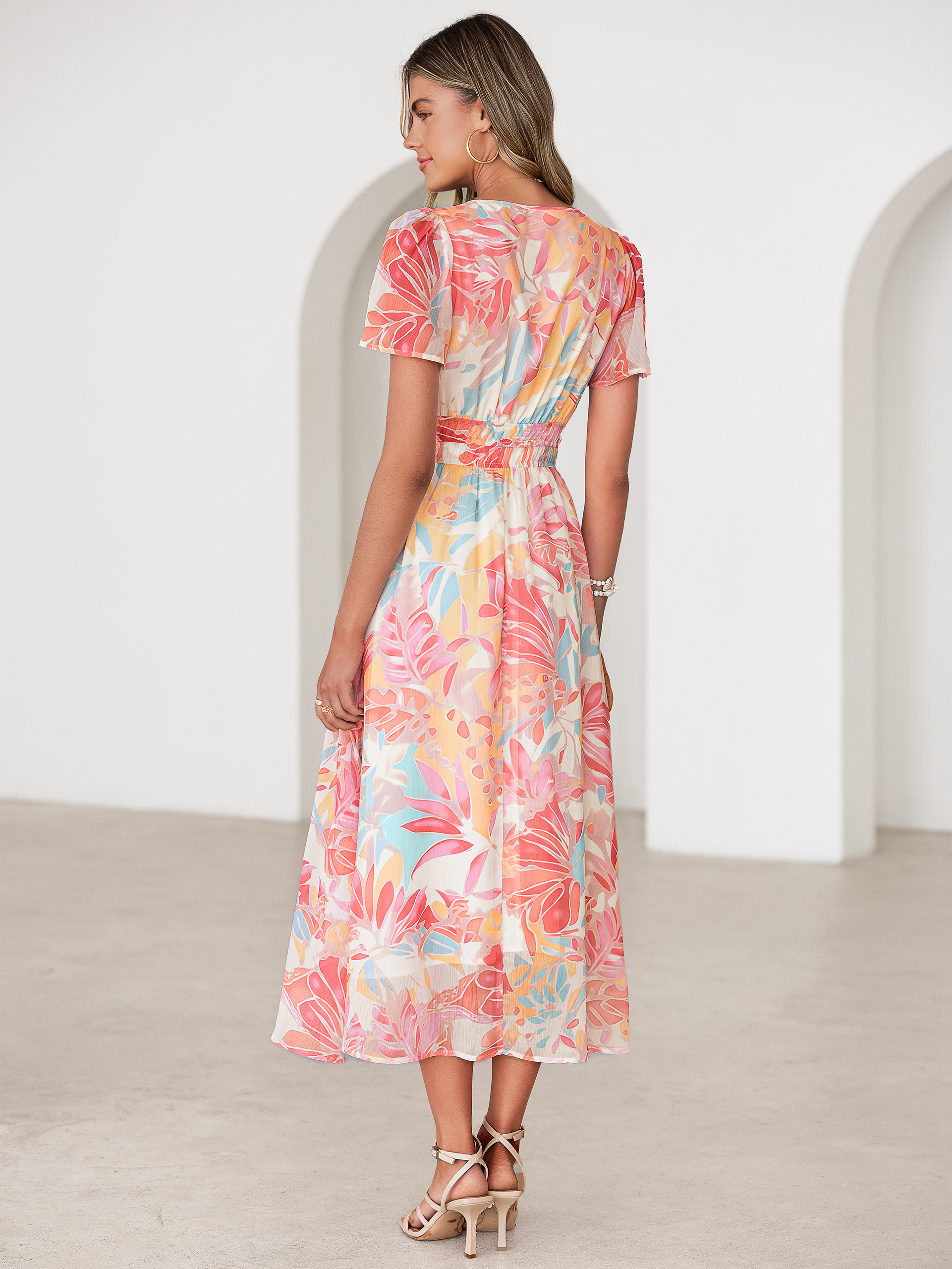 Floral V-Neck Smocked Waist Maxi Dress - Red Yellow Floral