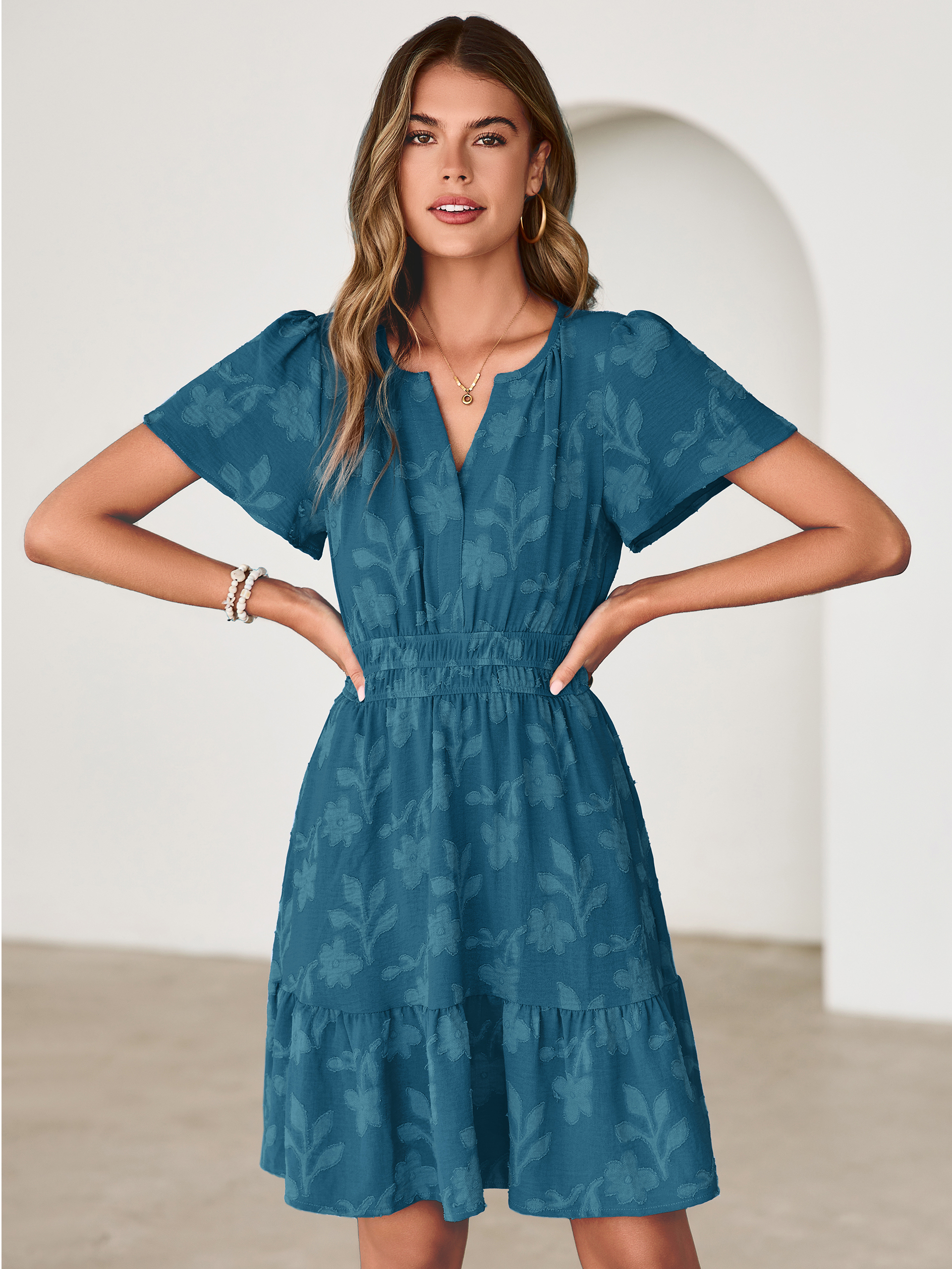 Floral Jacquard V Neck Short Sleeve Mini Dress - Lake Blue