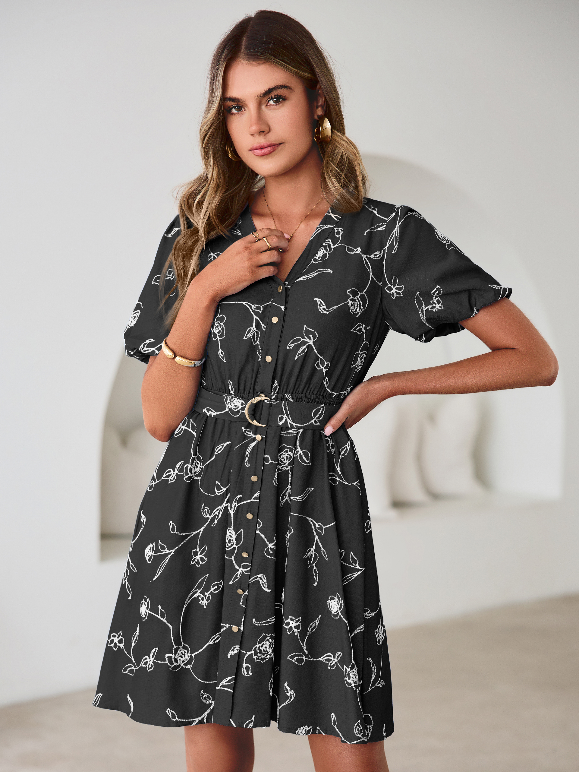 Embroidered Cotton Denim Belted A-Line Dress