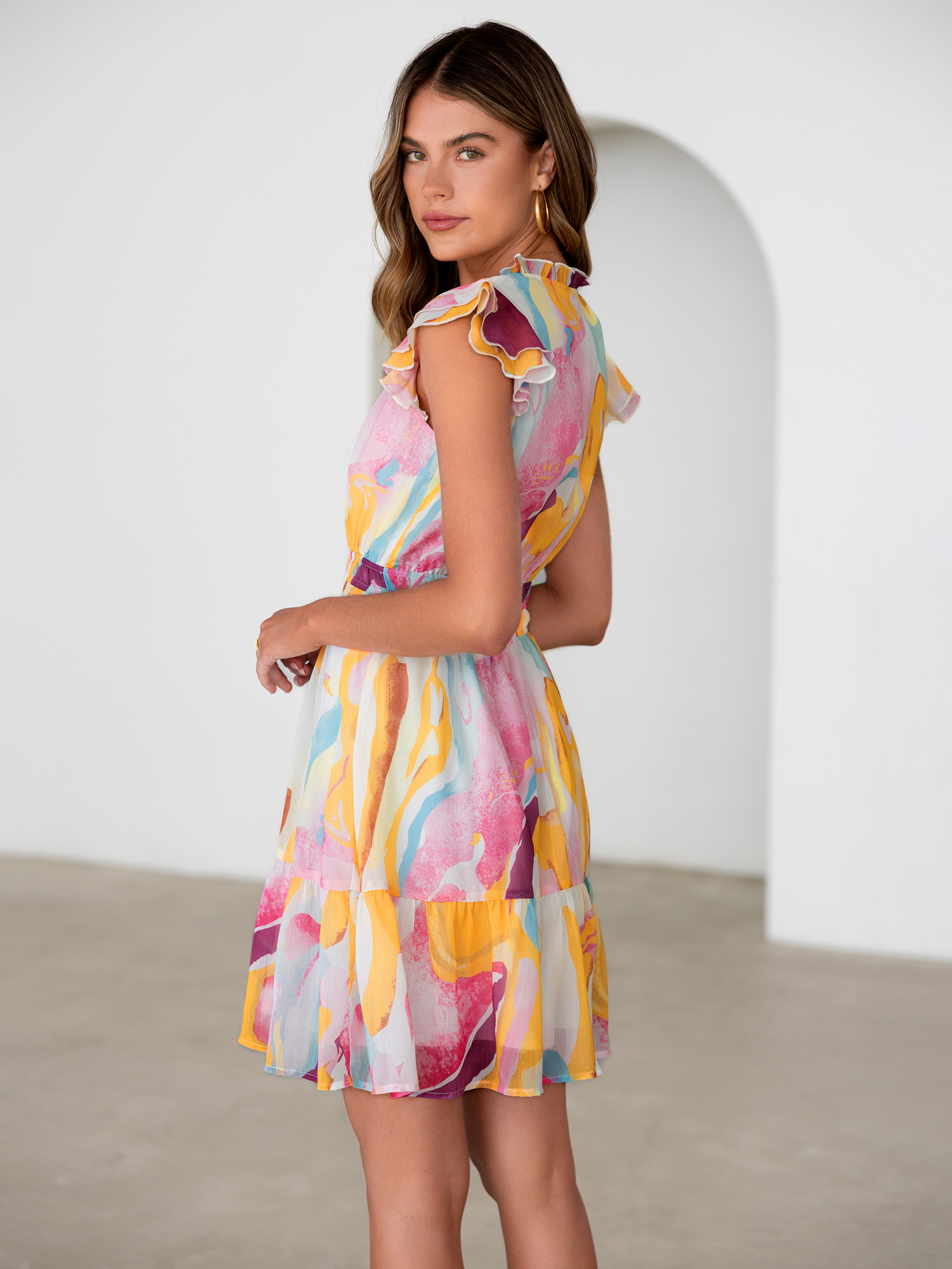 Floral V Neck Ruffle Sleeve Smocked Mini Dress