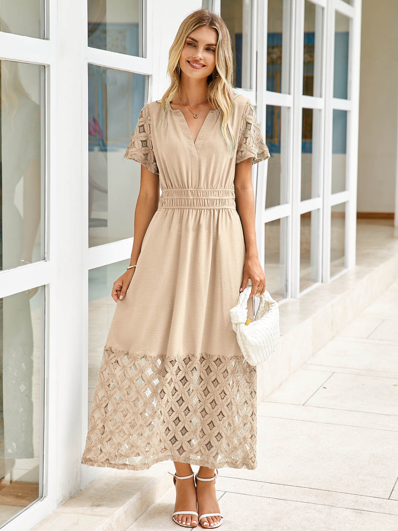 Lace Boho V Neck Short Sleeve Tiered Maxi Dress - Beige