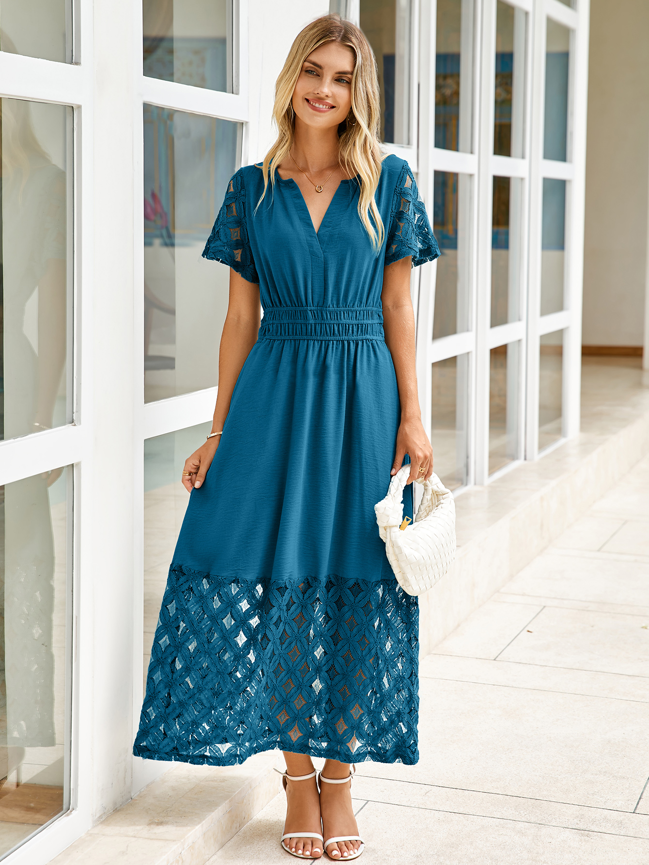 Lace Boho V Neck Short Sleeve Tiered Maxi Dress - Ink Blue