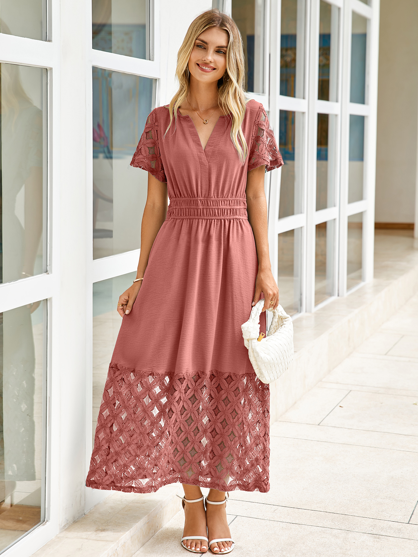 Lace Boho V Neck Short Sleeve Tiered Maxi Dress - Rust Pink