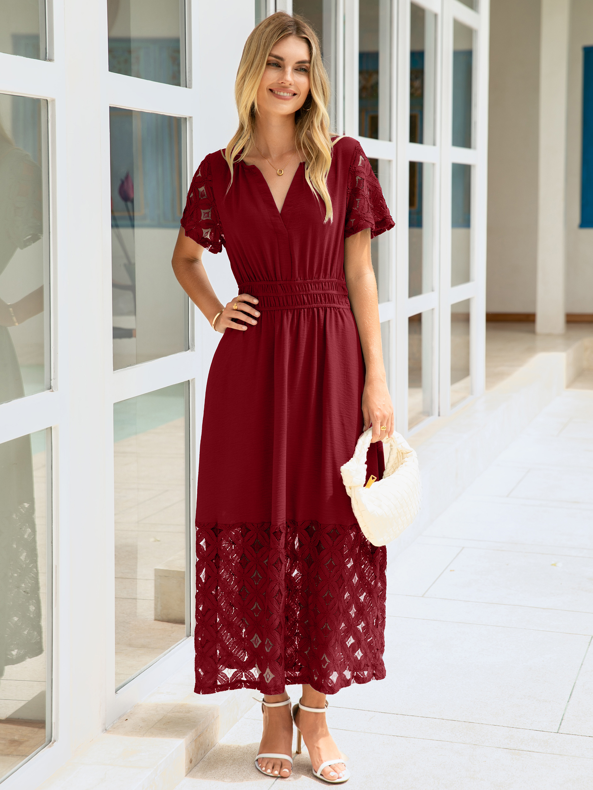 Lace Boho V Neck Short Sleeve Tiered Maxi Dress