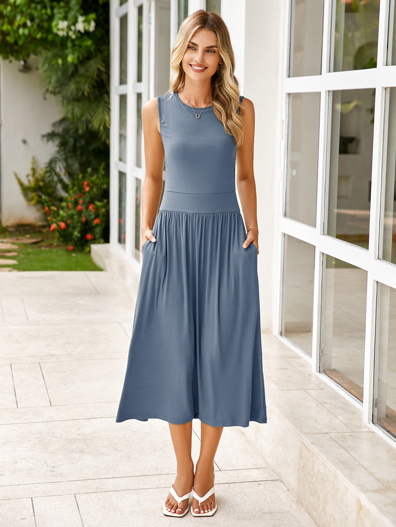 Sleeveless Smocked Ruched Boat Neck Maxi Dress