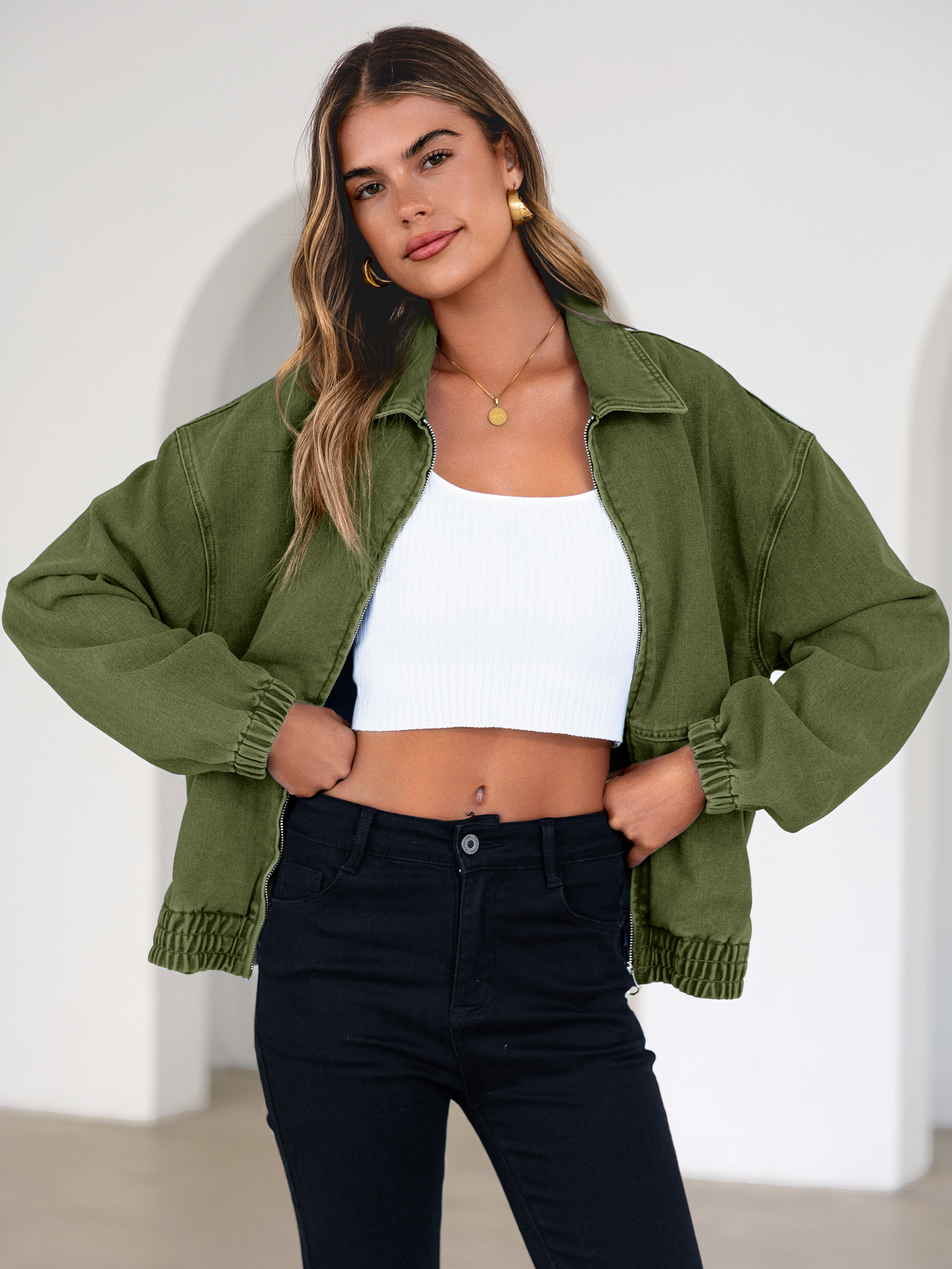 Classic Zip-Up Denim Bomber Jacket with Pockets