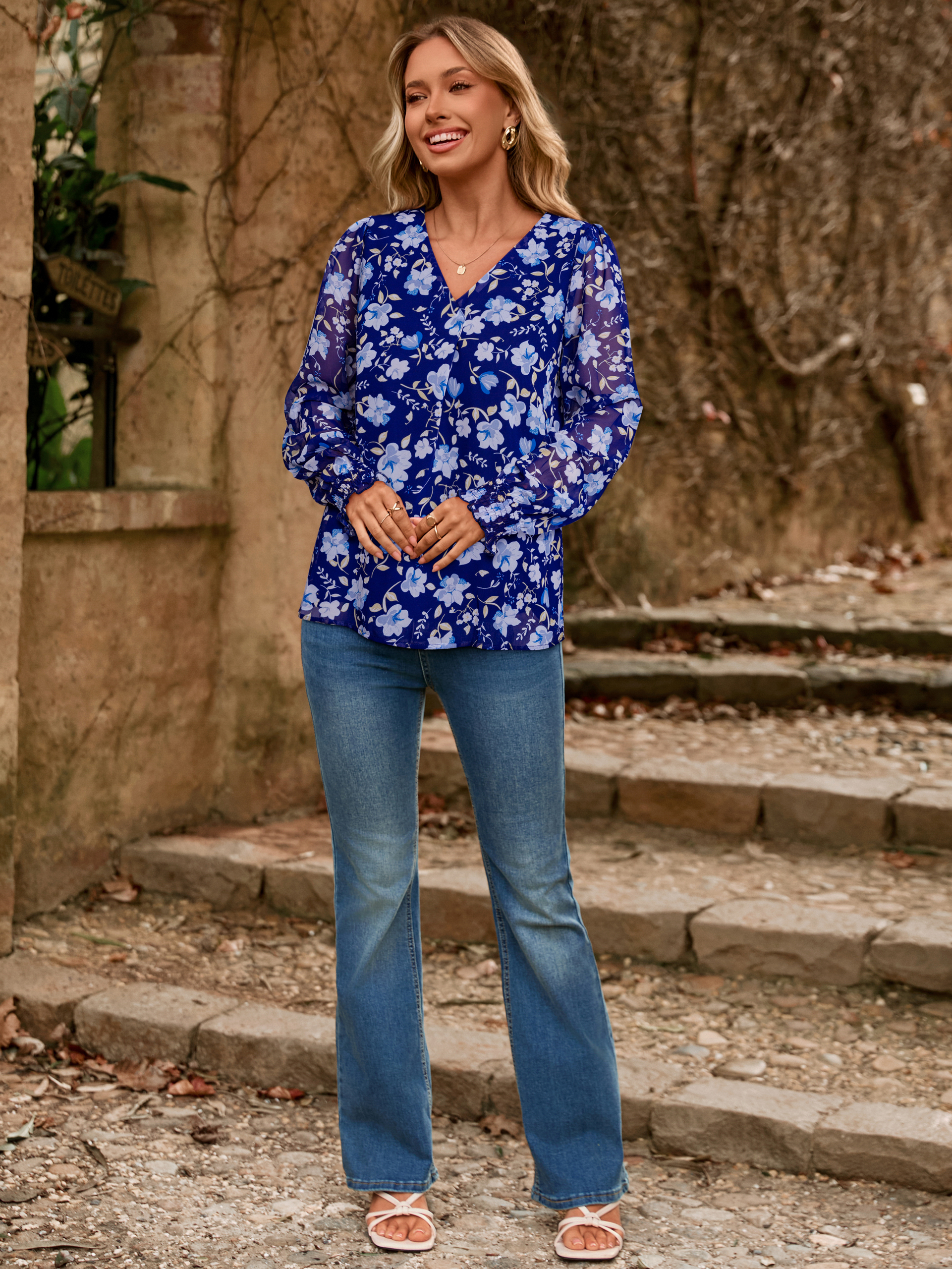 Floral V Neck Long Sleeve Blouse