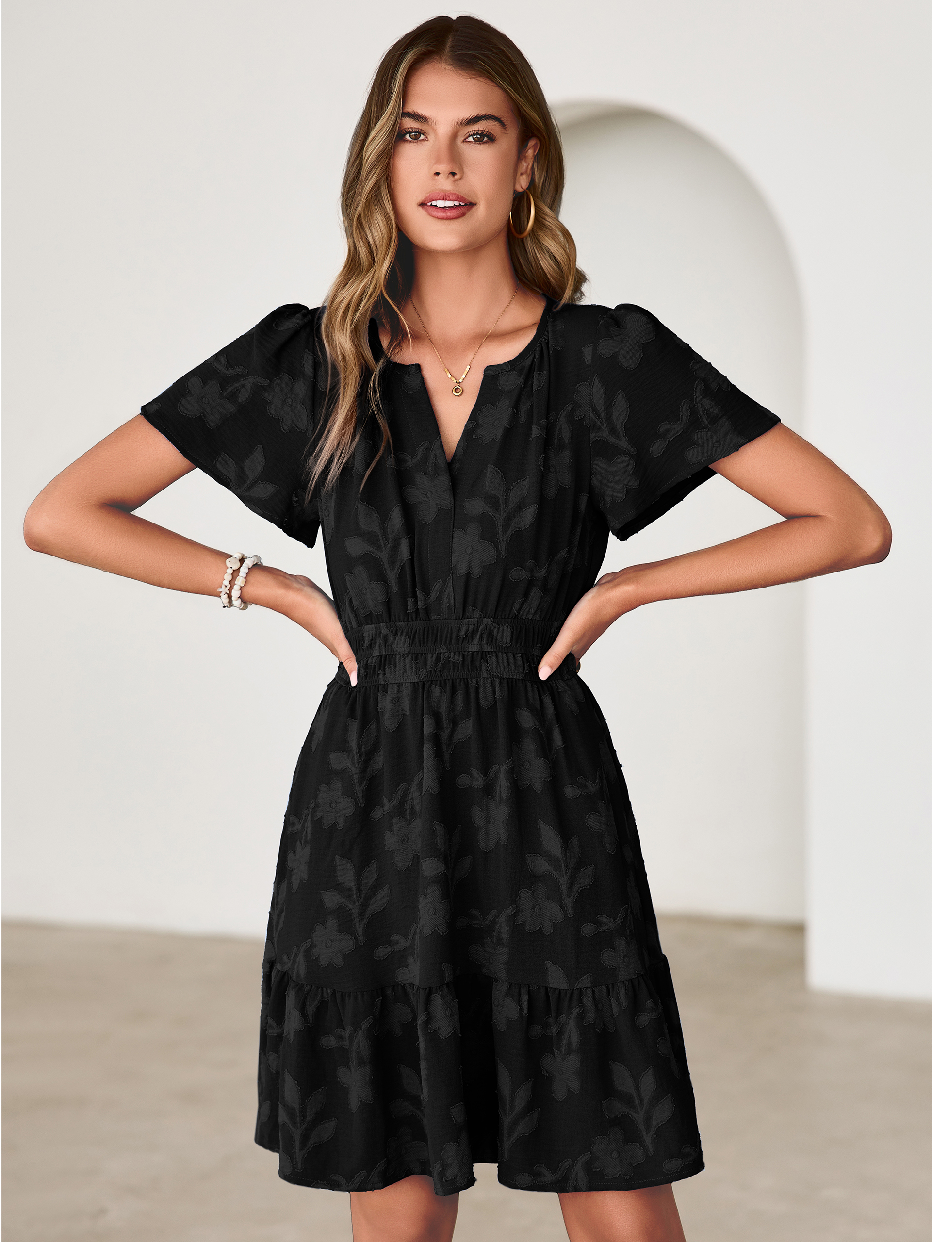 Floral Jacquard V Neck Short Sleeve Mini Dress - Black