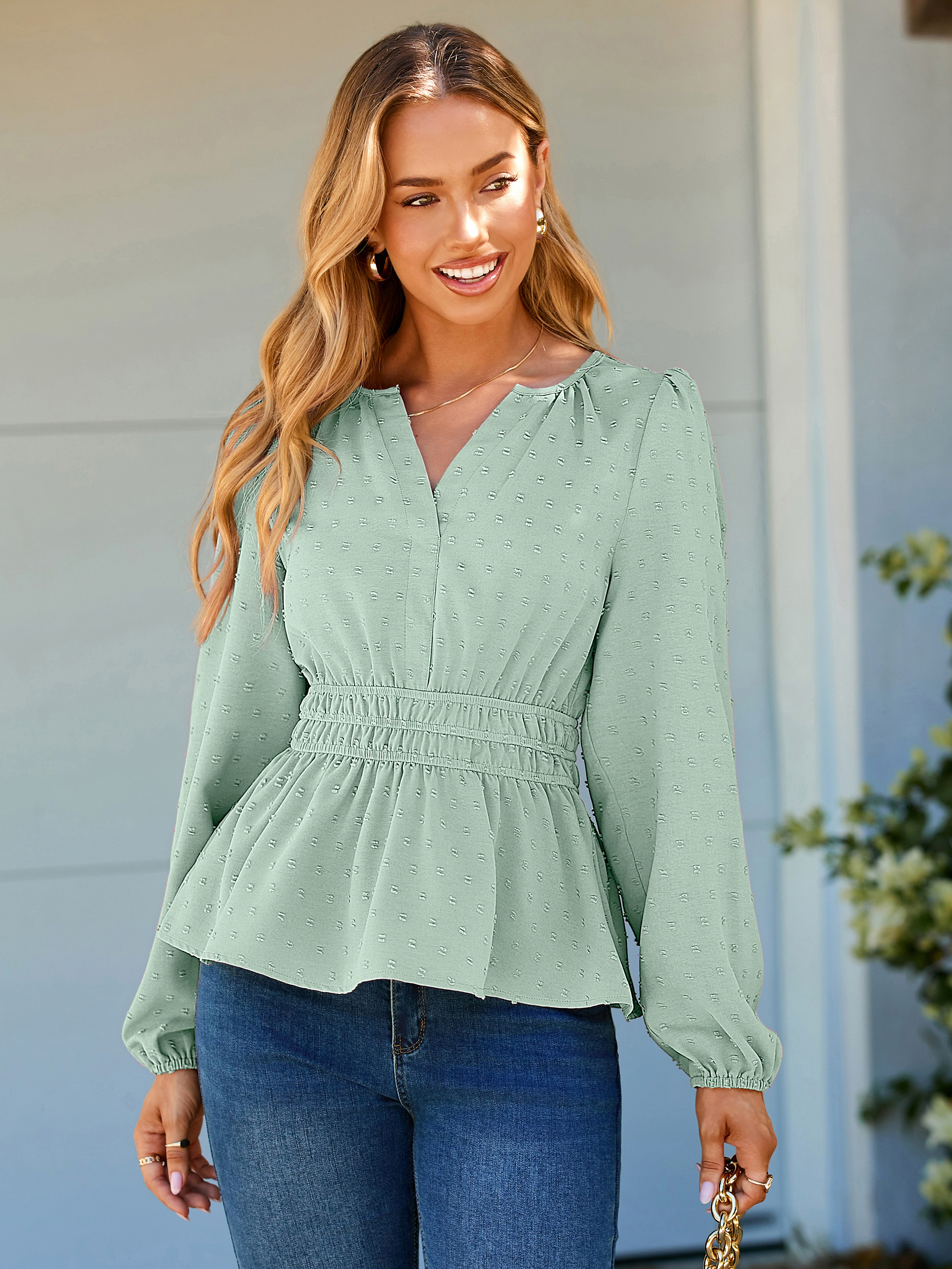 Swiss Dot V Neck Long Sleeve Peplum Blouse - Sage Green
