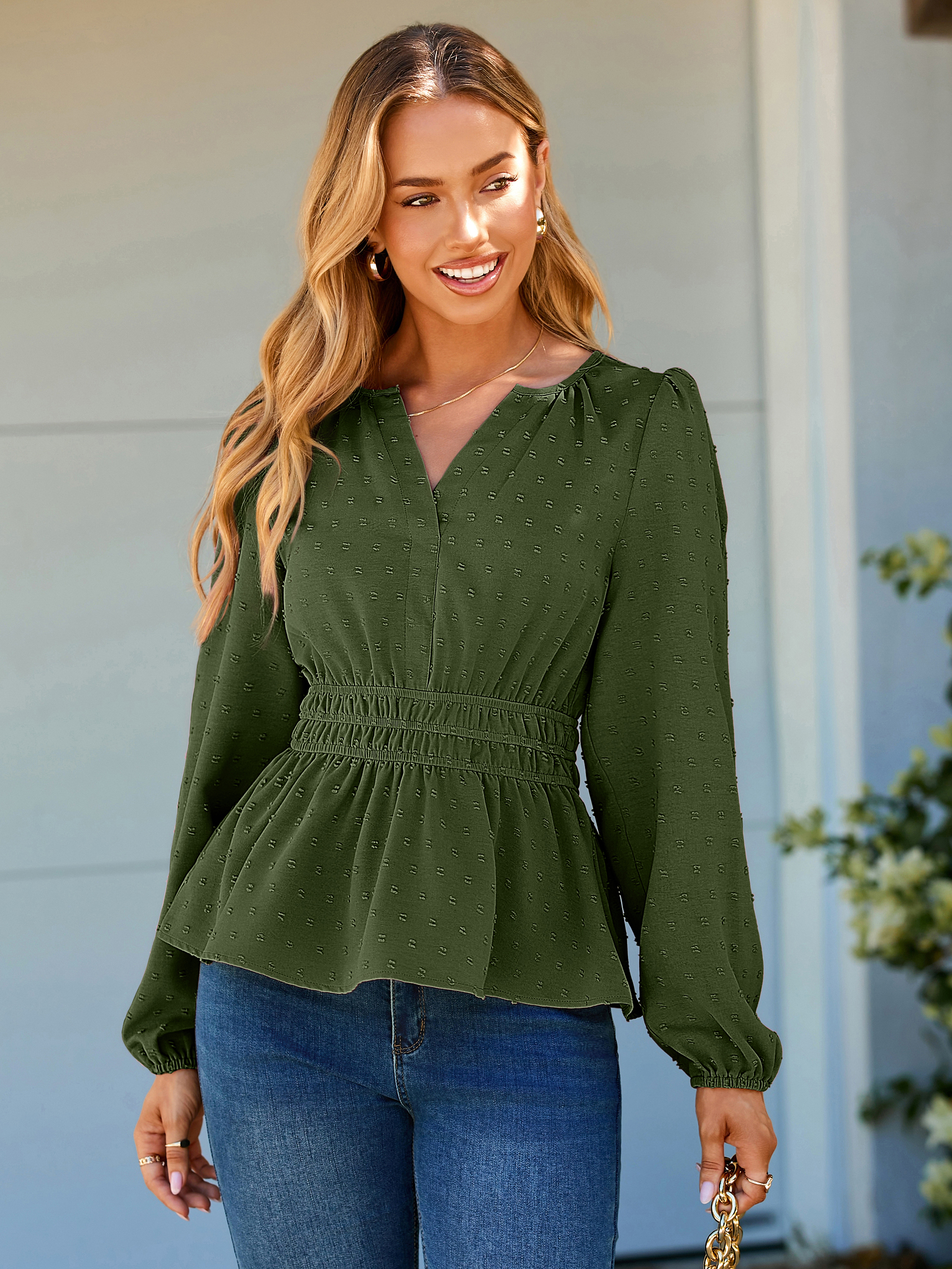 Swiss Dot V Neck Long Sleeve Peplum Blouse - Army Green