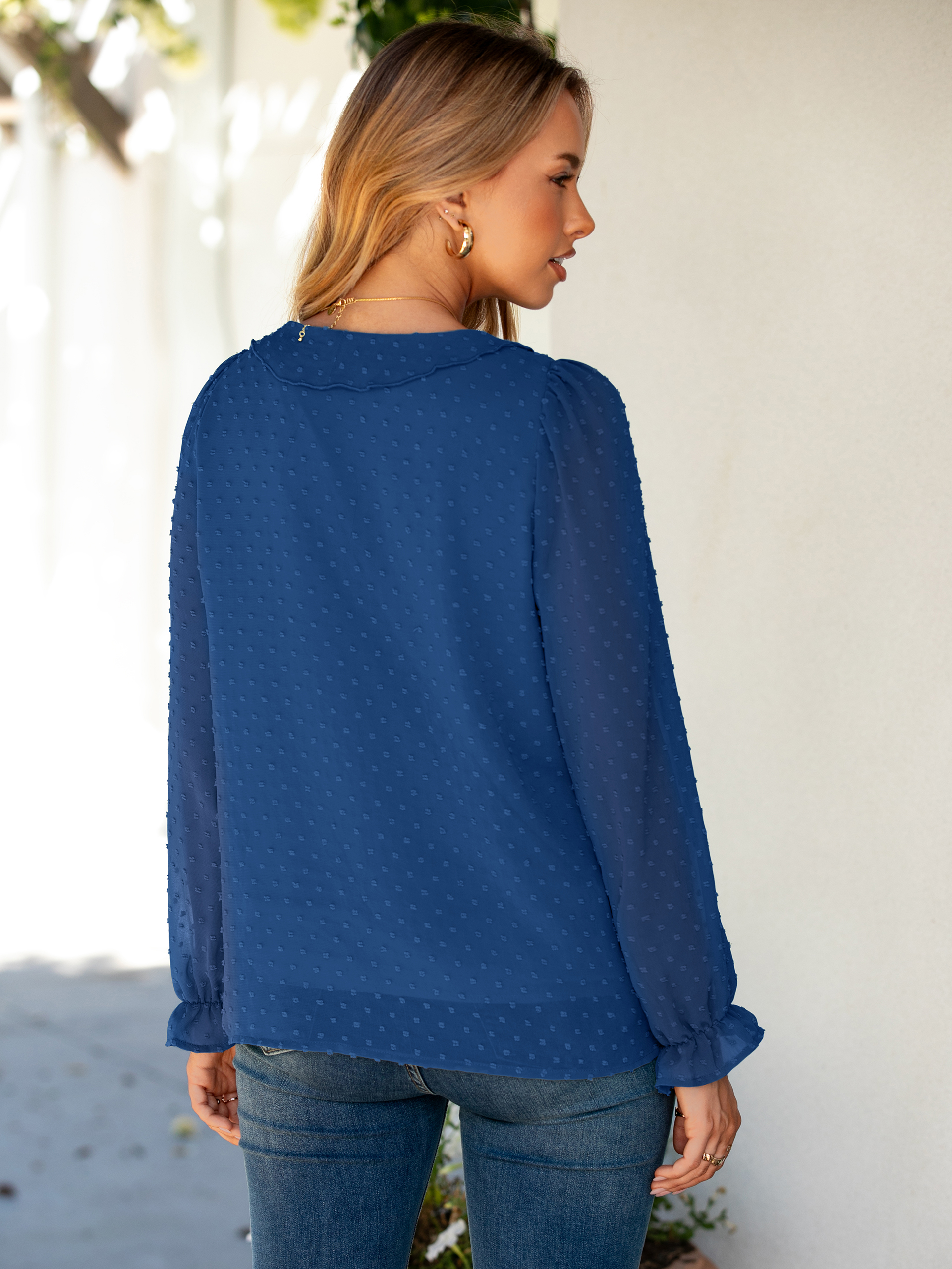 Chiffon V Neck Ruffle Long Sleeve Blouse