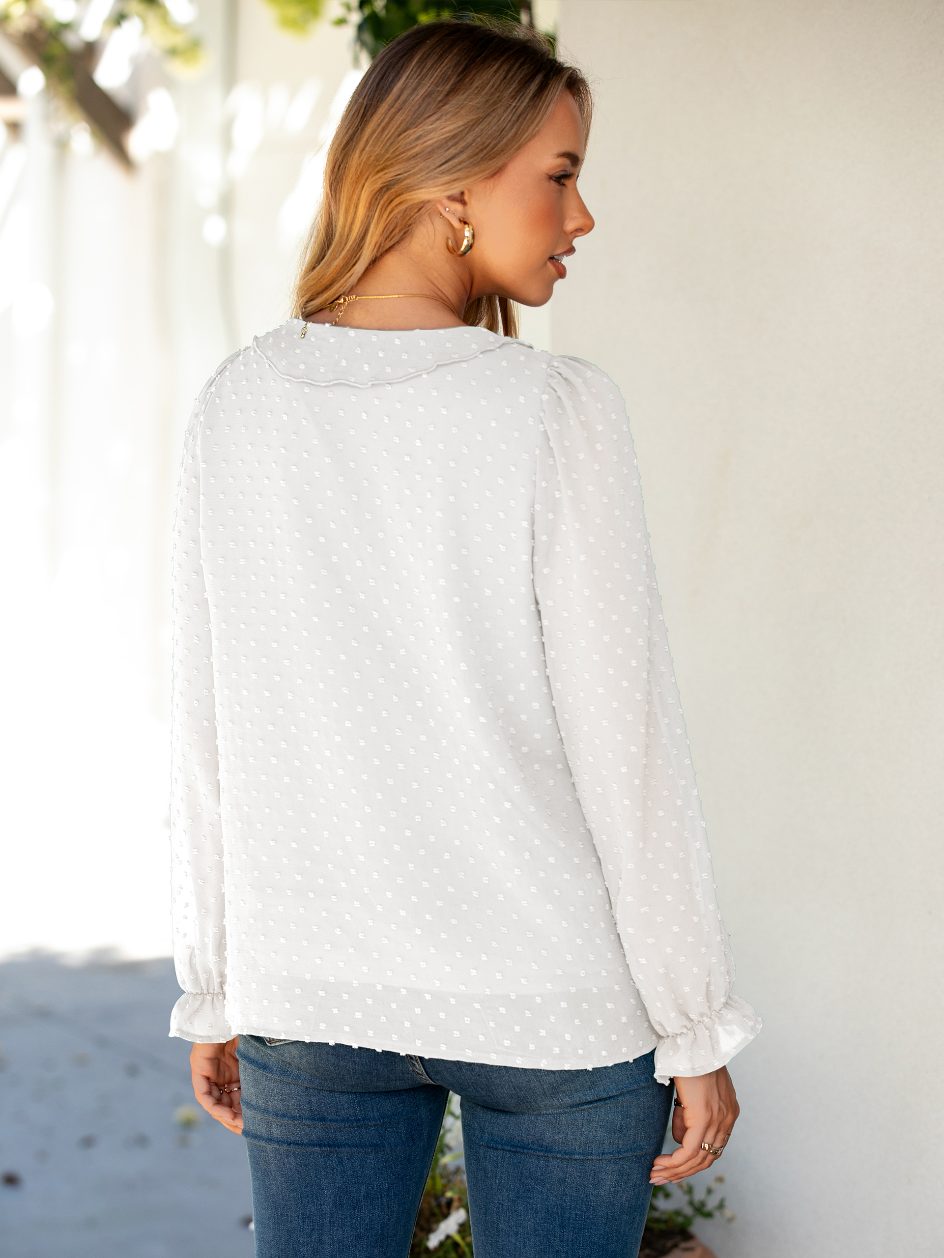 Chiffon V Neck Ruffle Long Sleeve Blouse