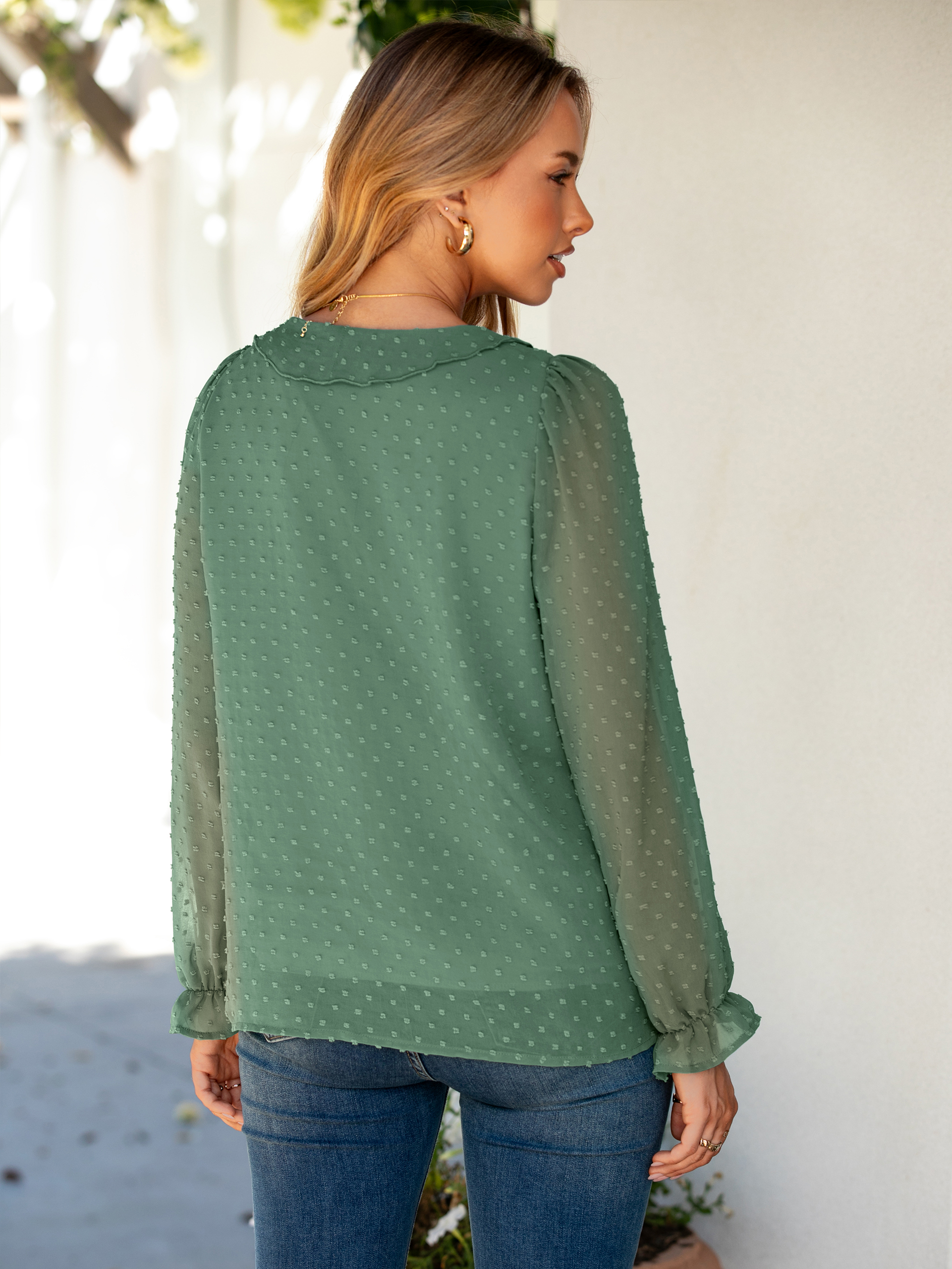 Chiffon V Neck Ruffle Long Sleeve Blouse