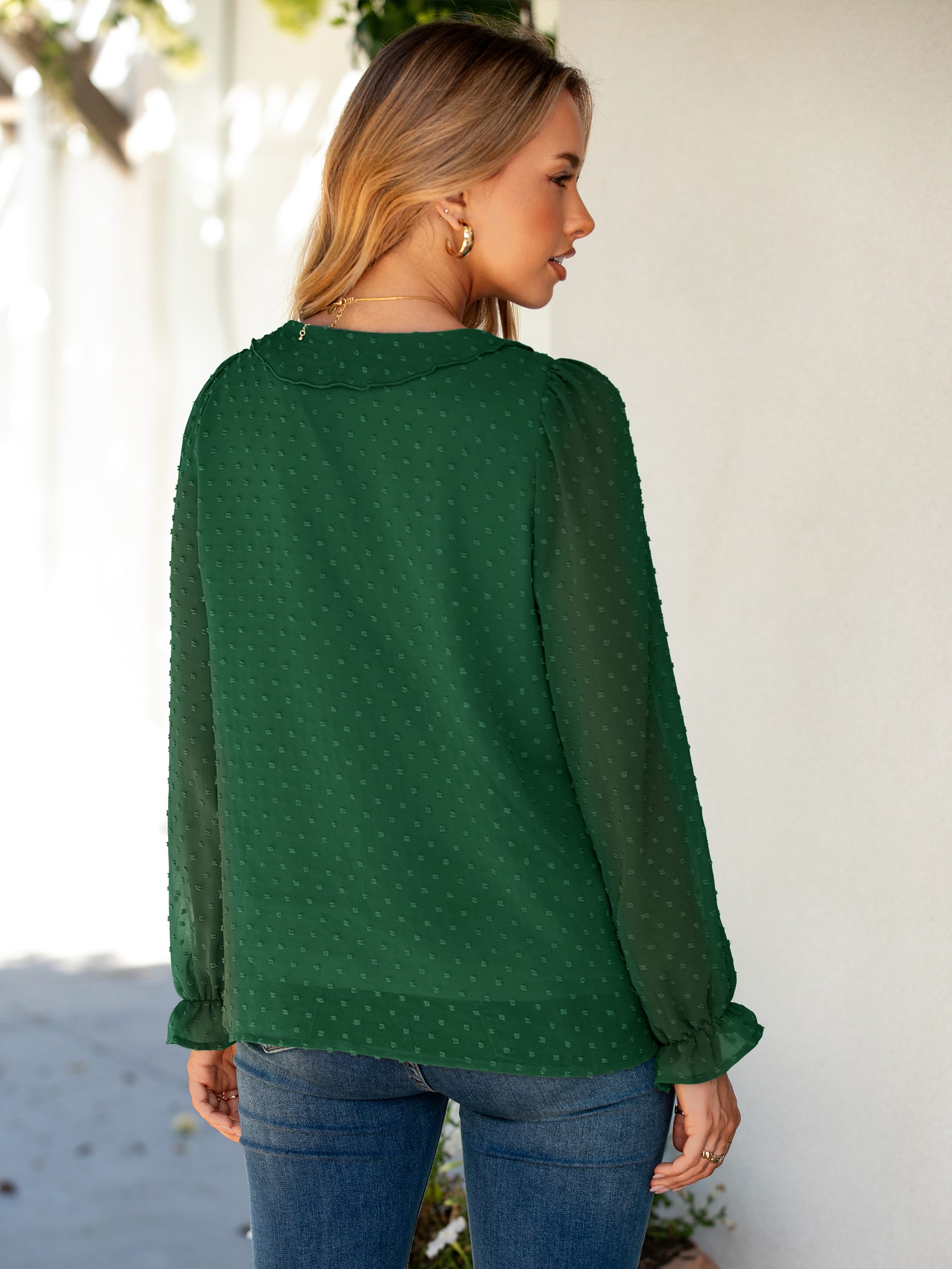 Chiffon V Neck Ruffle Long Sleeve Blouse