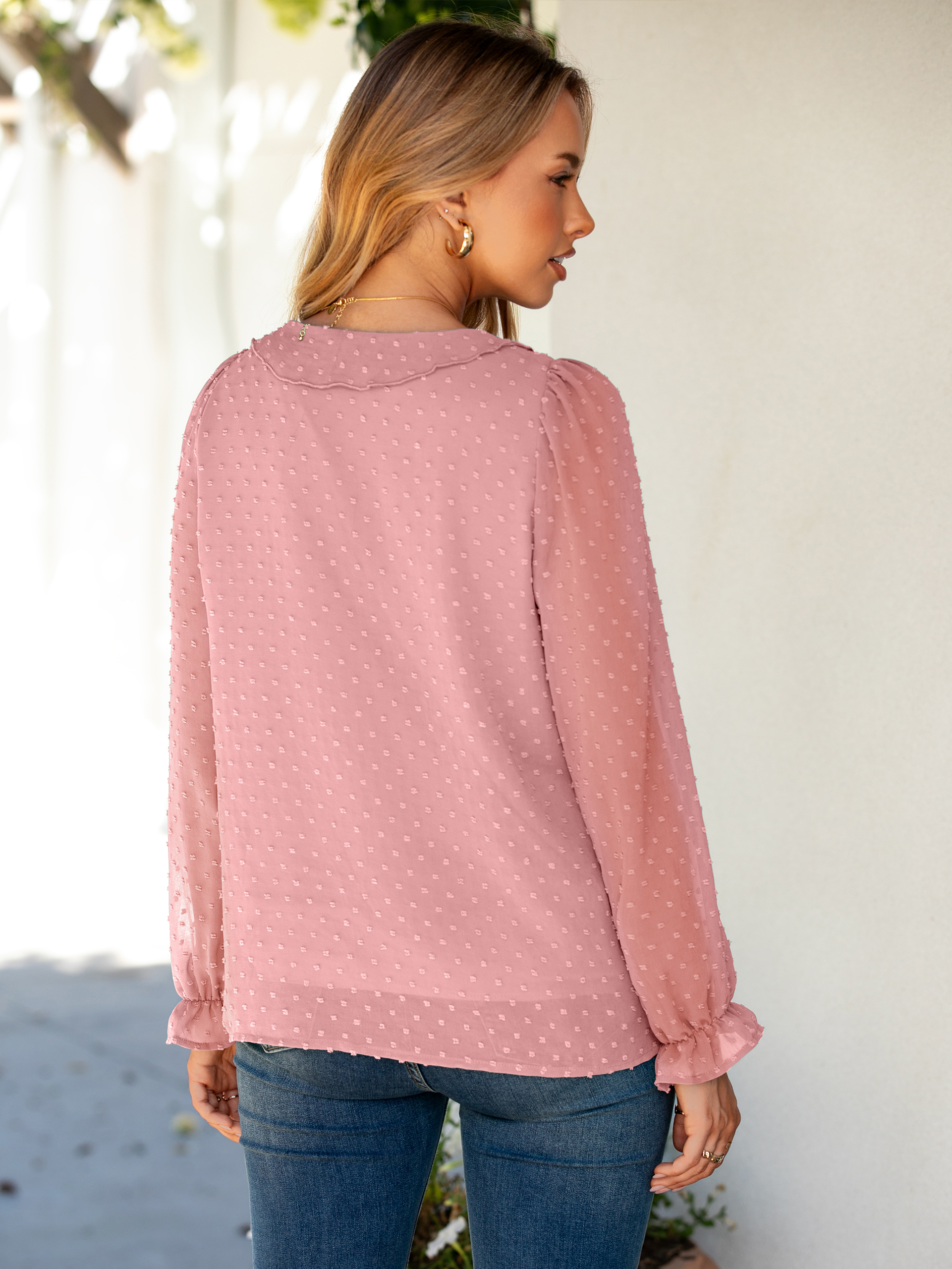 Chiffon V Neck Ruffle Long Sleeve Blouse