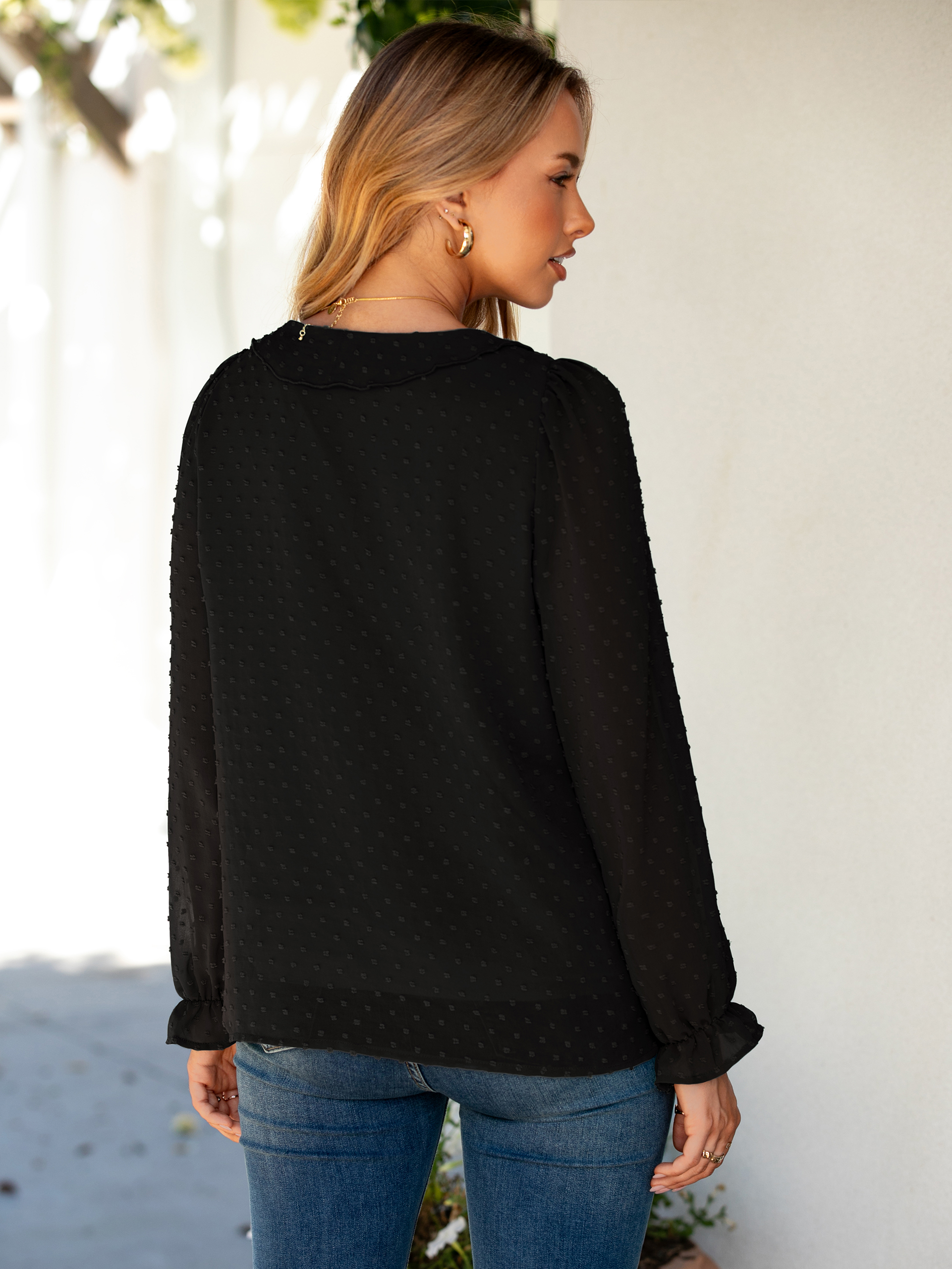 Chiffon V Neck Ruffle Long Sleeve Blouse